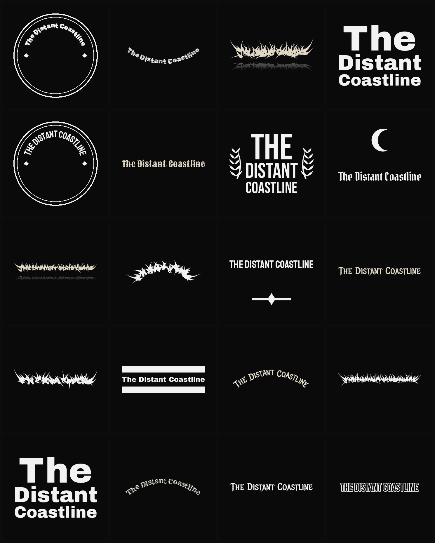 Twenty The Distant Coastline band logo ideas — different faces, treatments and spike settings