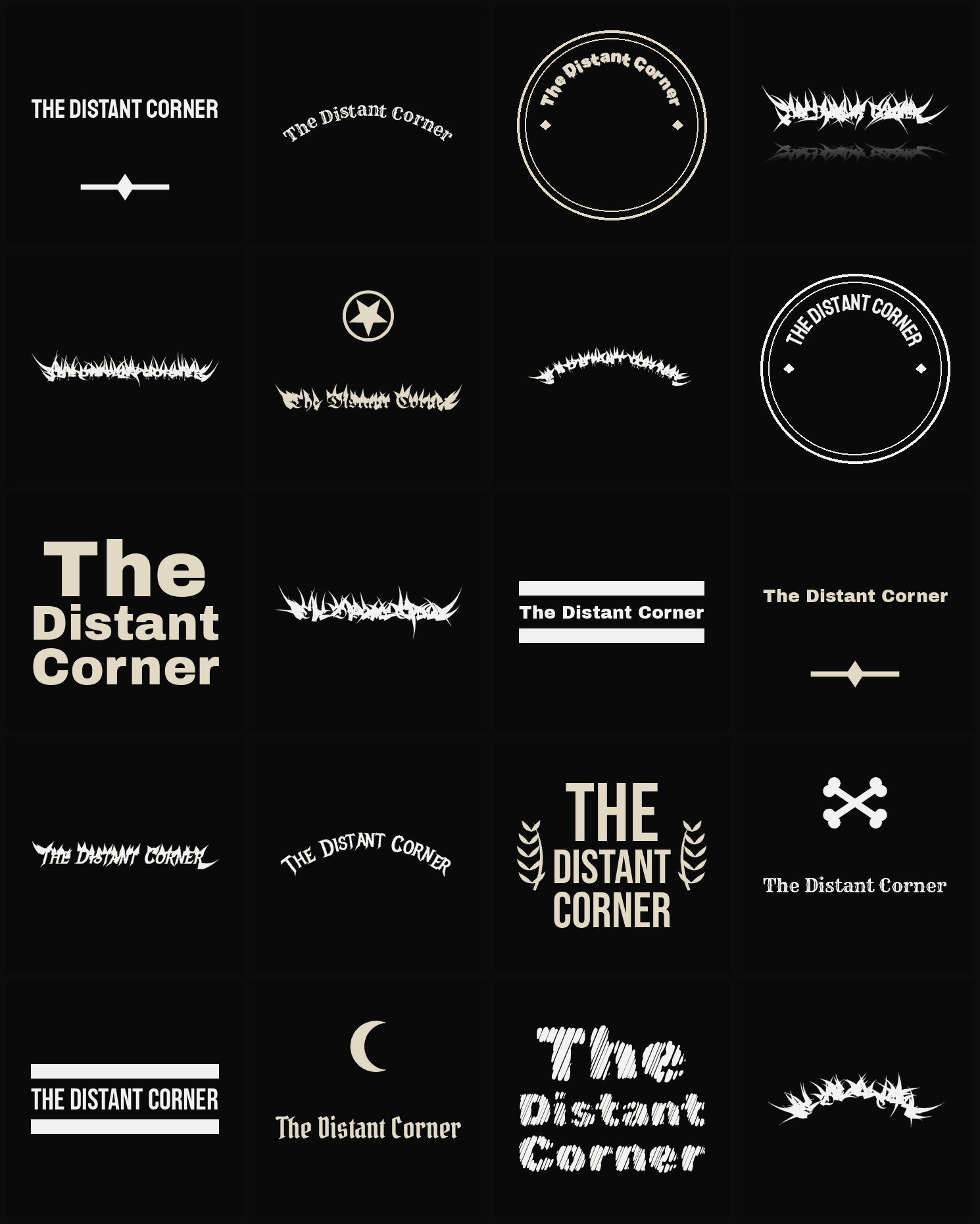 Twenty The Distant Corner band logo ideas — different faces, treatments and spike settings