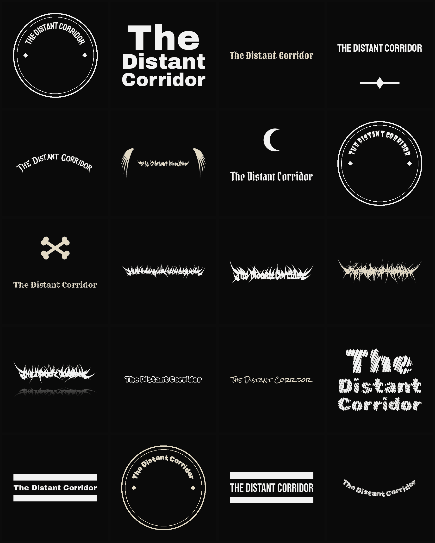 Twenty The Distant Corridor band logo ideas — different faces, treatments and spike settings