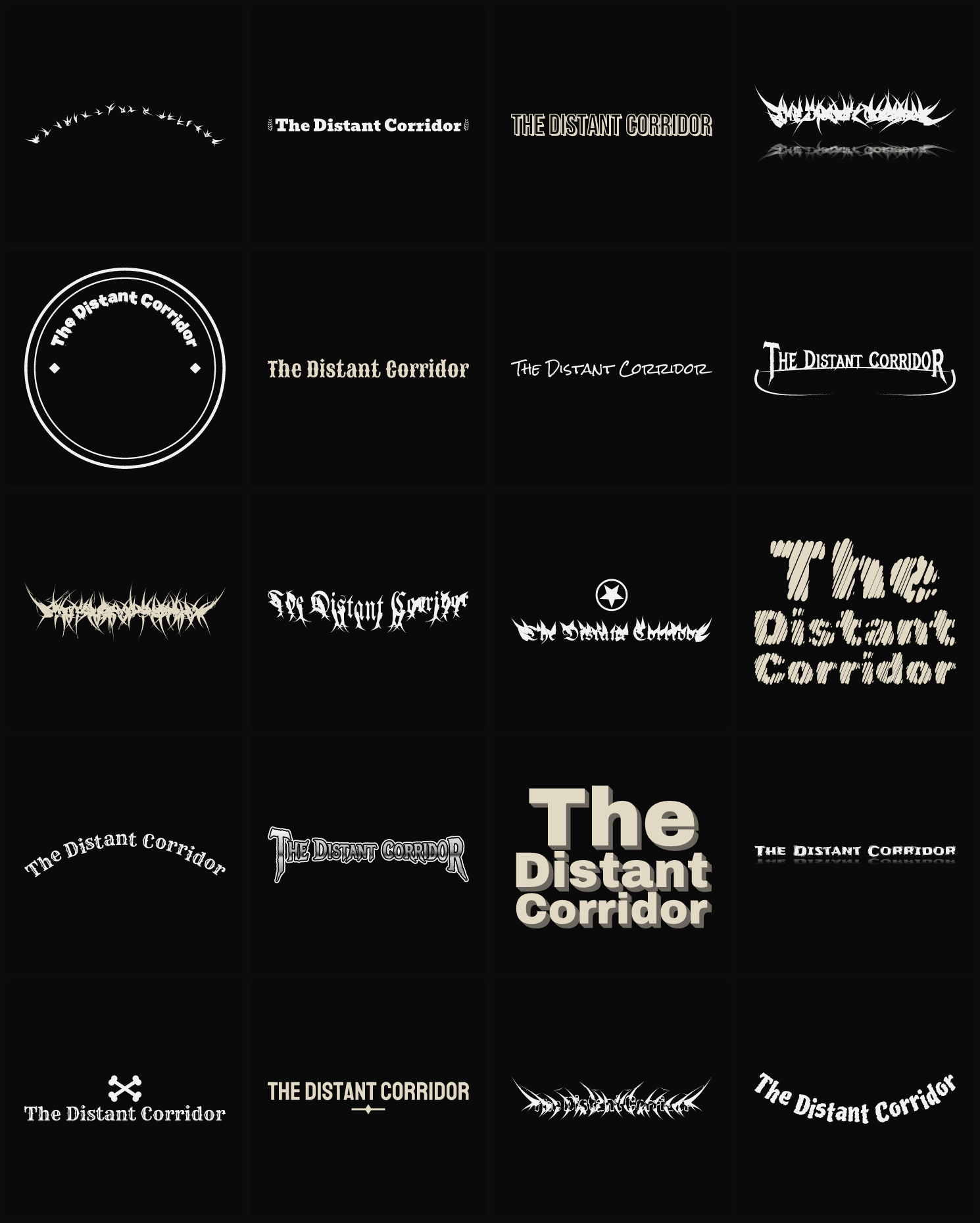 Twenty The Distant Corridor band logo ideas — different faces, treatments and spike settings