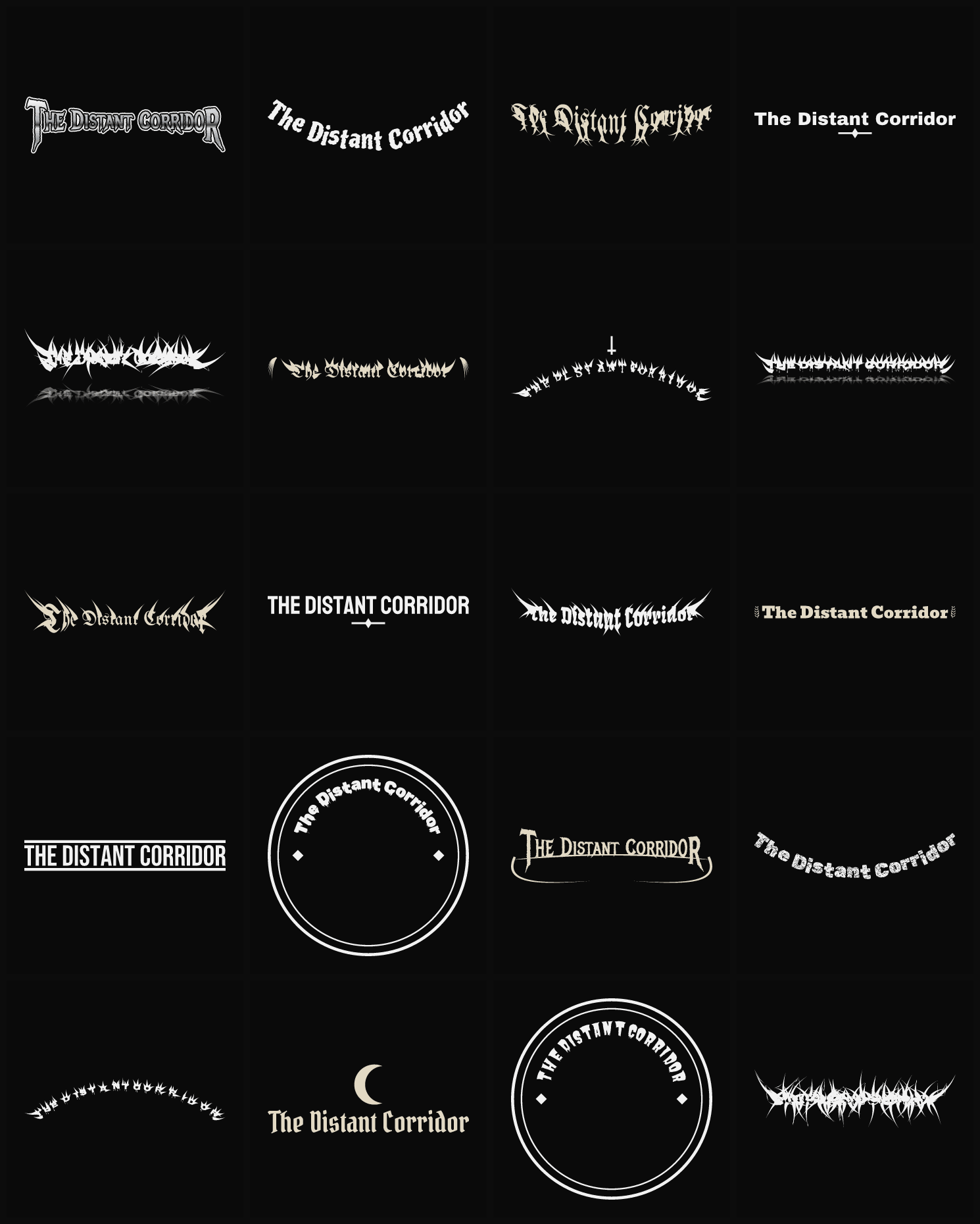 Twenty The Distant Corridor band logo ideas — different faces, treatments and spike settings