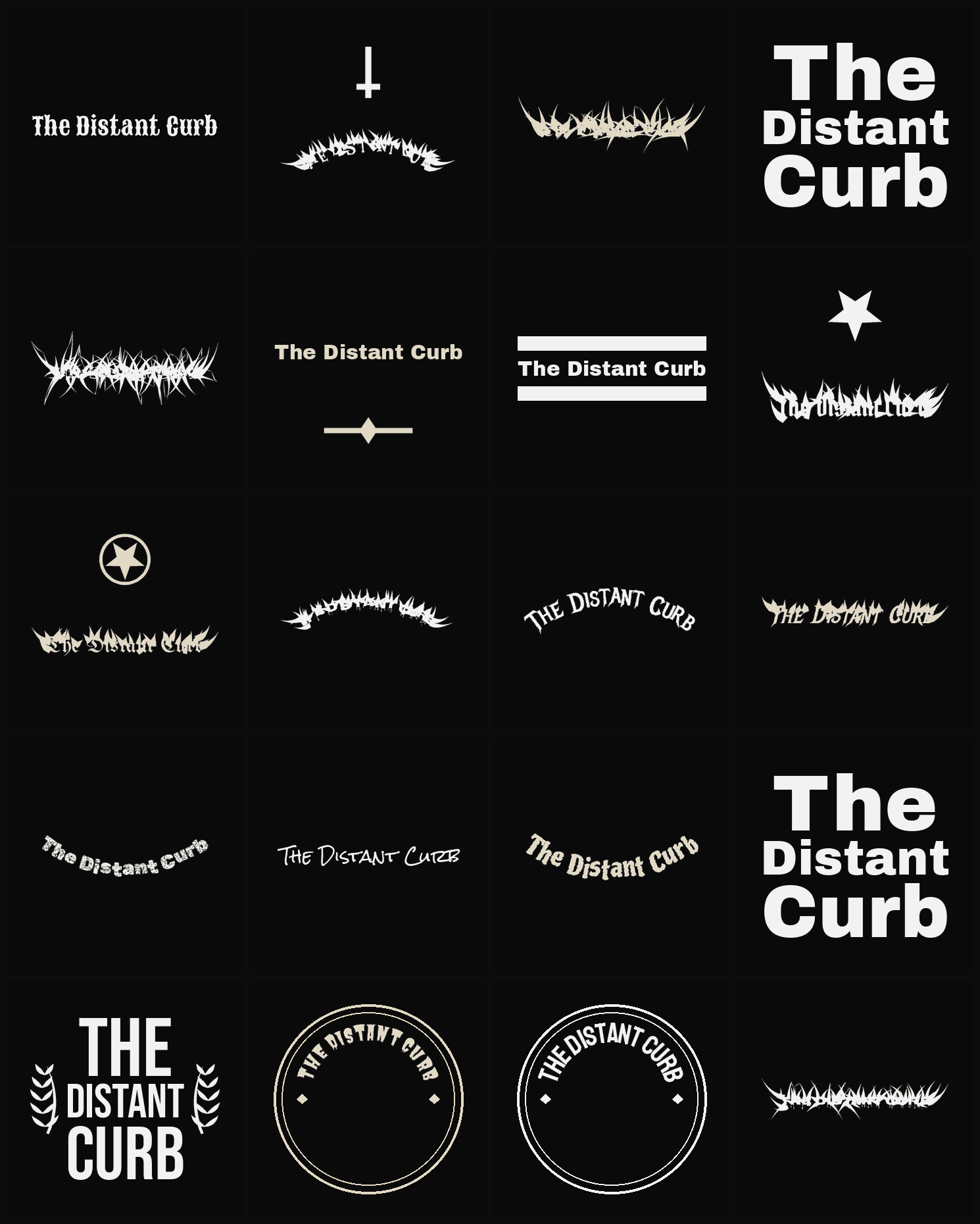 Twenty The Distant Curb band logo ideas — different faces, treatments and spike settings