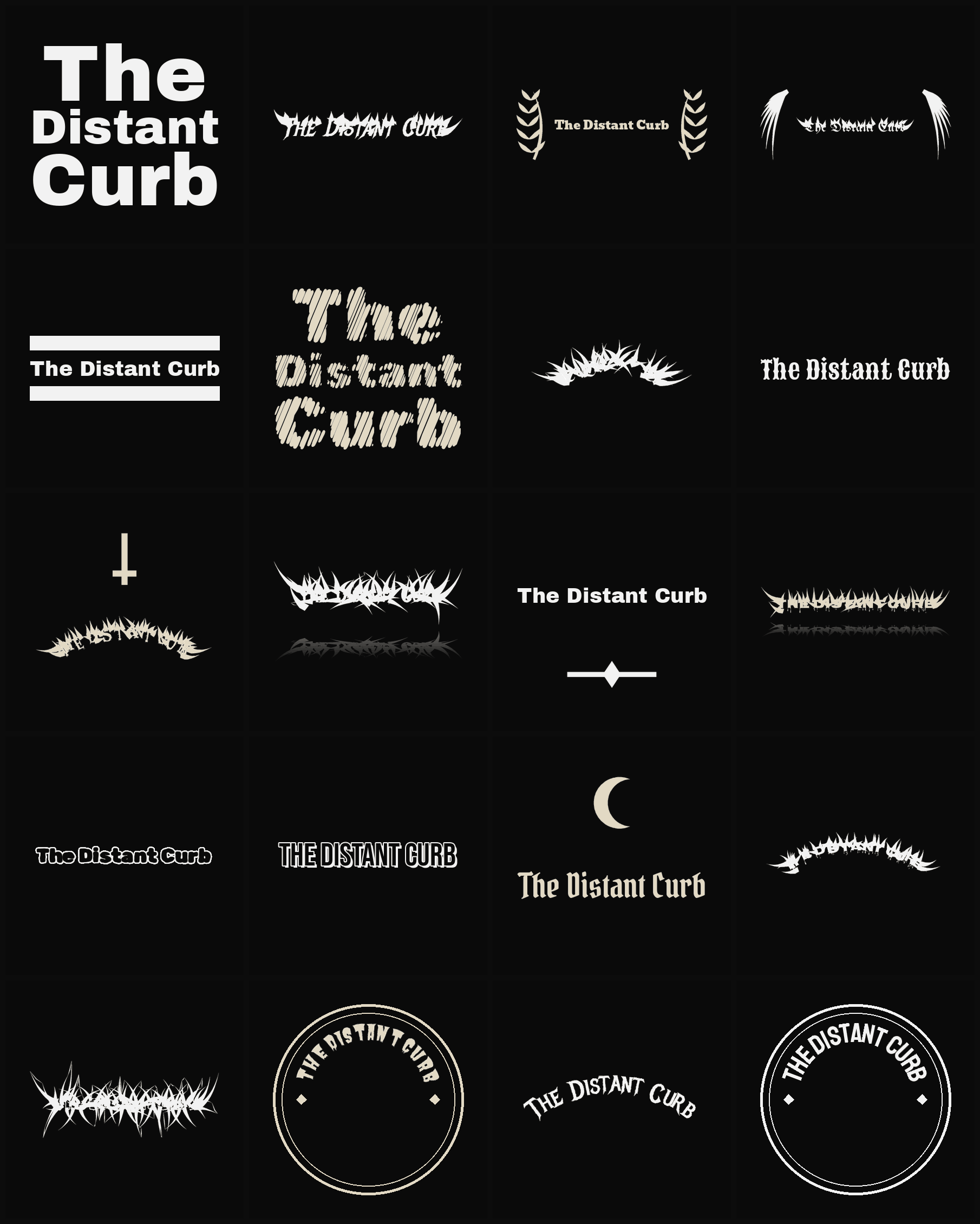 Twenty The Distant Curb band logo ideas — different faces, treatments and spike settings