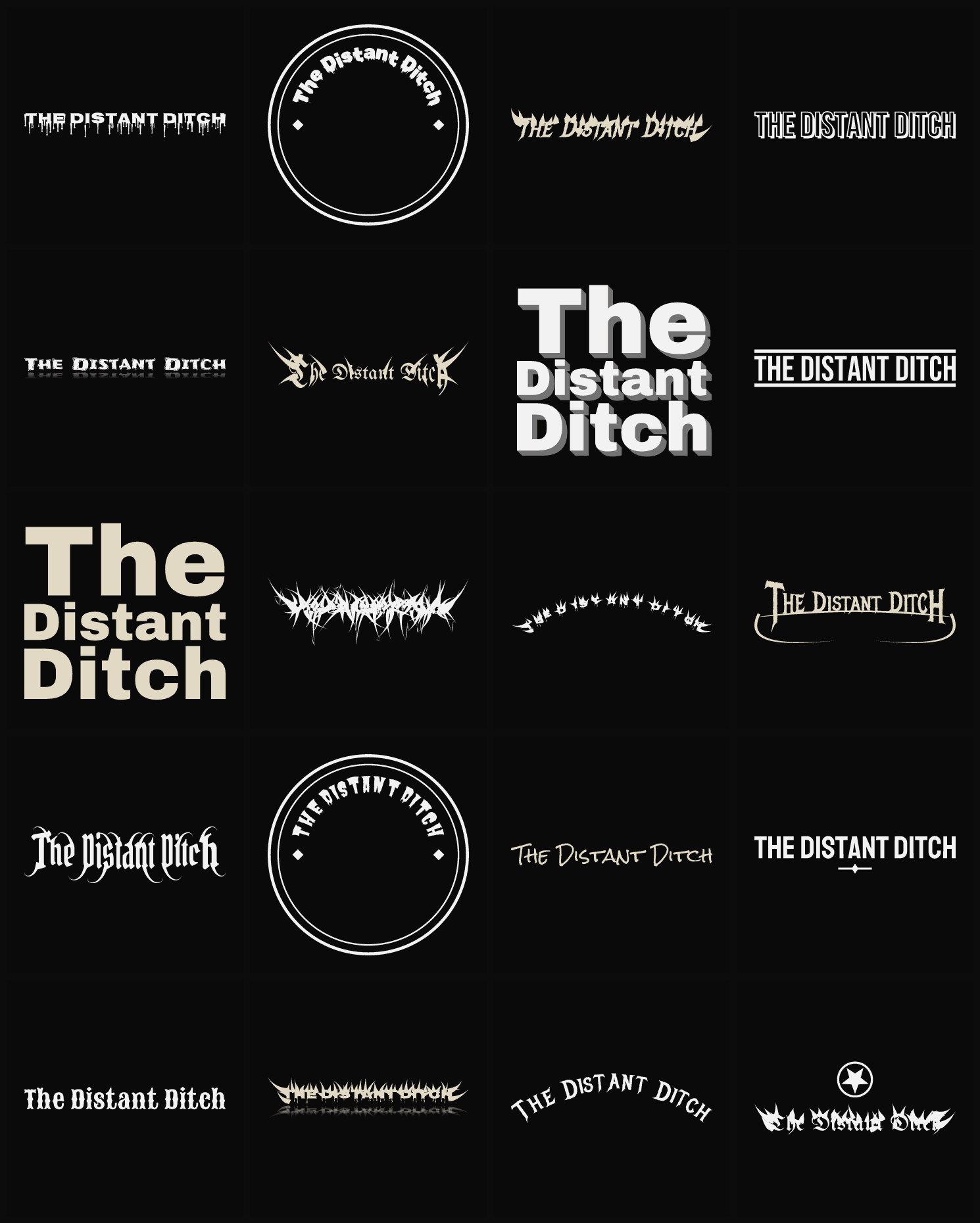 Twenty The Distant Ditch band logo ideas — different faces, treatments and spike settings