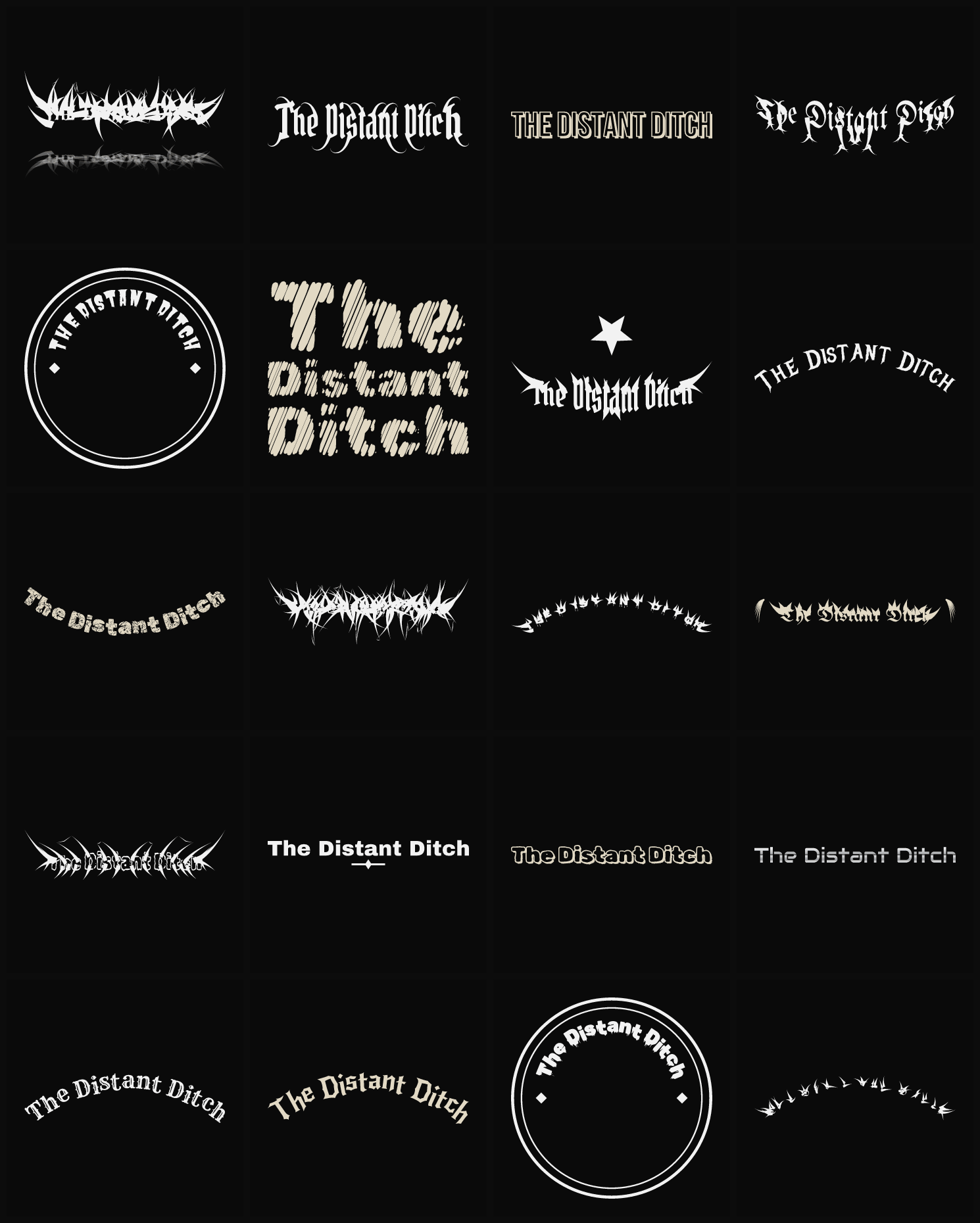 Twenty The Distant Ditch band logo ideas — different faces, treatments and spike settings