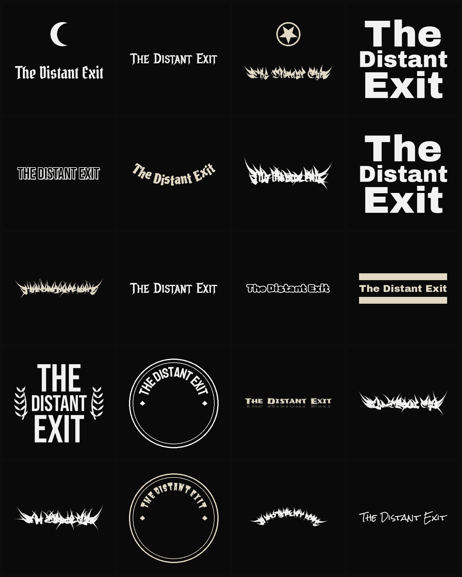 Twenty The Distant Exit band logo ideas — different faces, treatments and spike settings