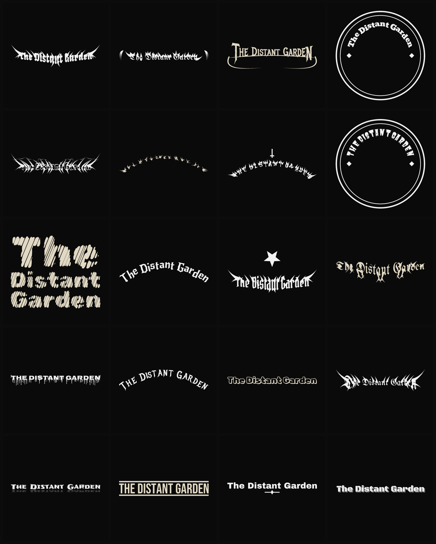 Twenty The Distant Garden band logo ideas — different faces, treatments and spike settings
