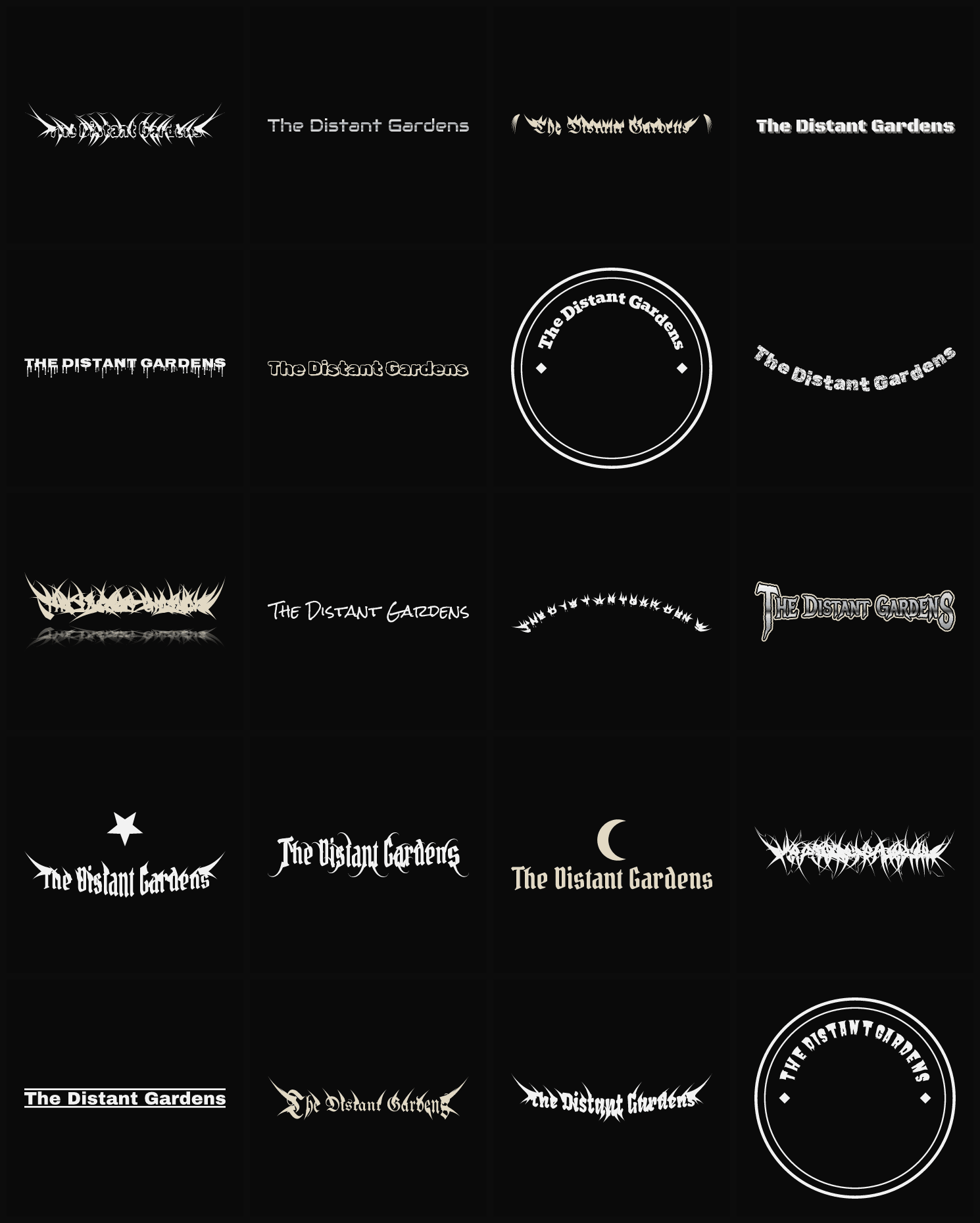Twenty The Distant Gardens band logo ideas — different faces, treatments and spike settings