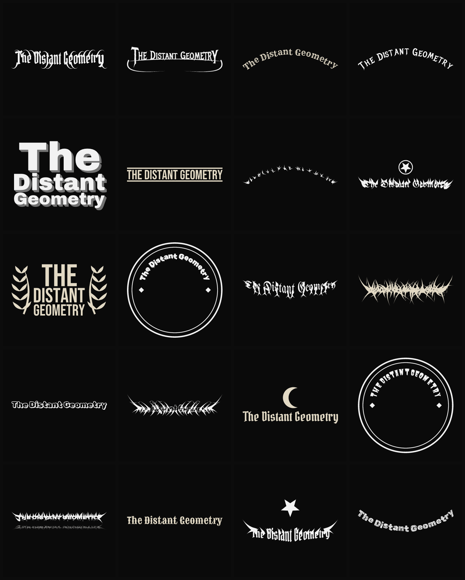 Twenty The Distant Geometry band logo ideas — different faces, treatments and spike settings