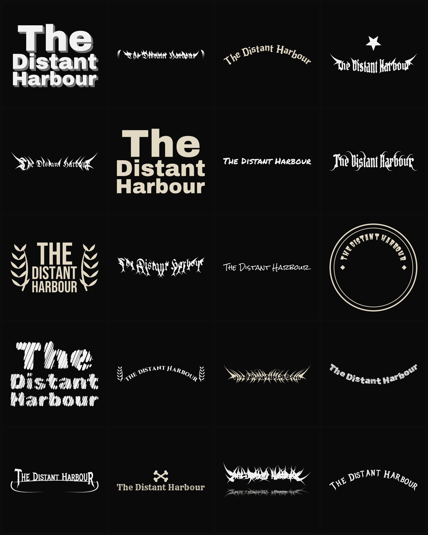 Twenty The Distant Harbour band logo ideas — different faces, treatments and spike settings
