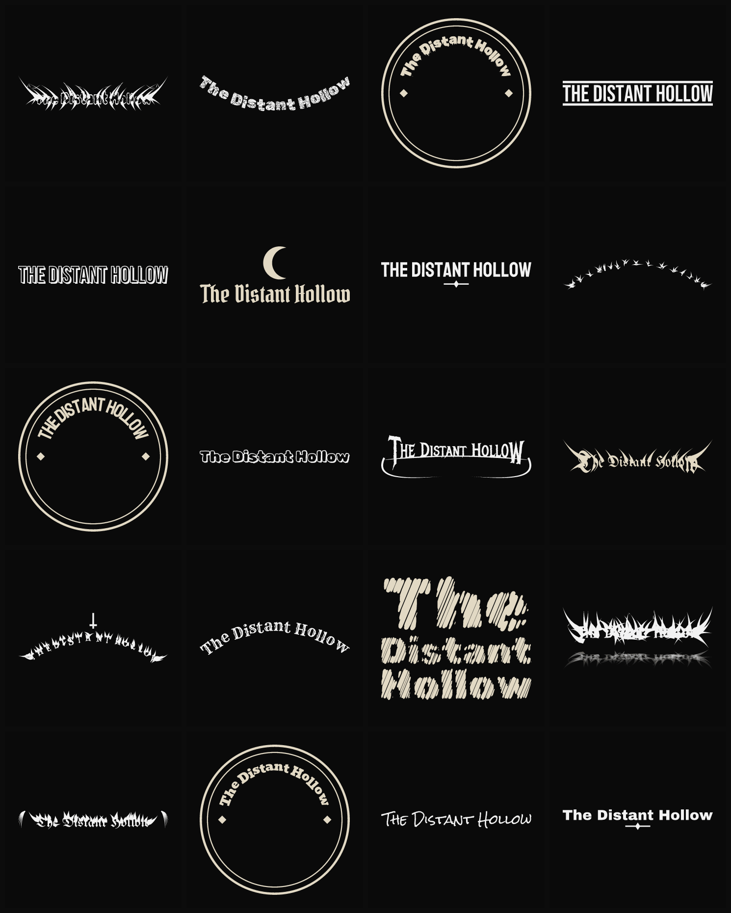 Twenty The Distant Hollow band logo ideas — different faces, treatments and spike settings