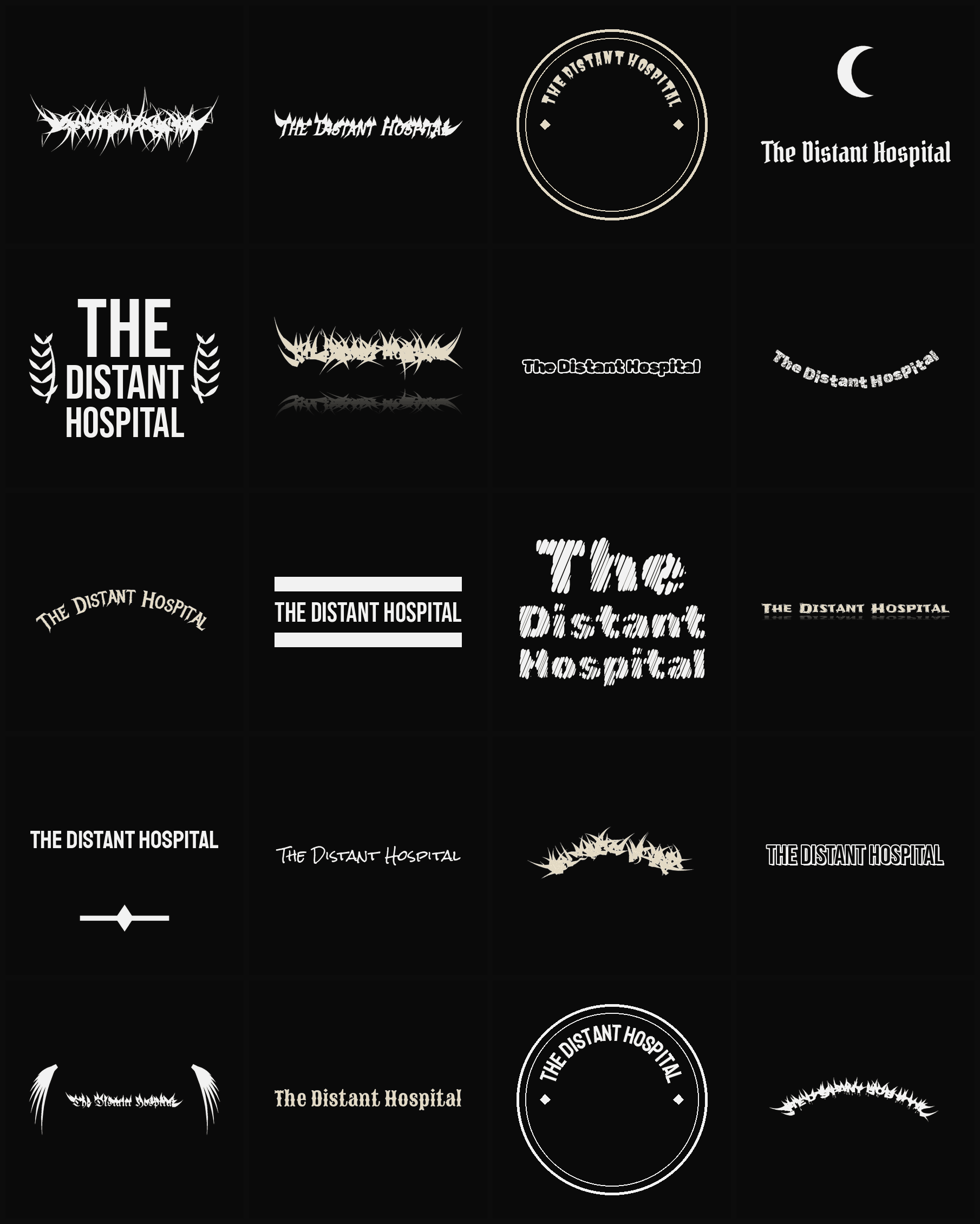 Twenty The Distant Hospital band logo ideas — different faces, treatments and spike settings