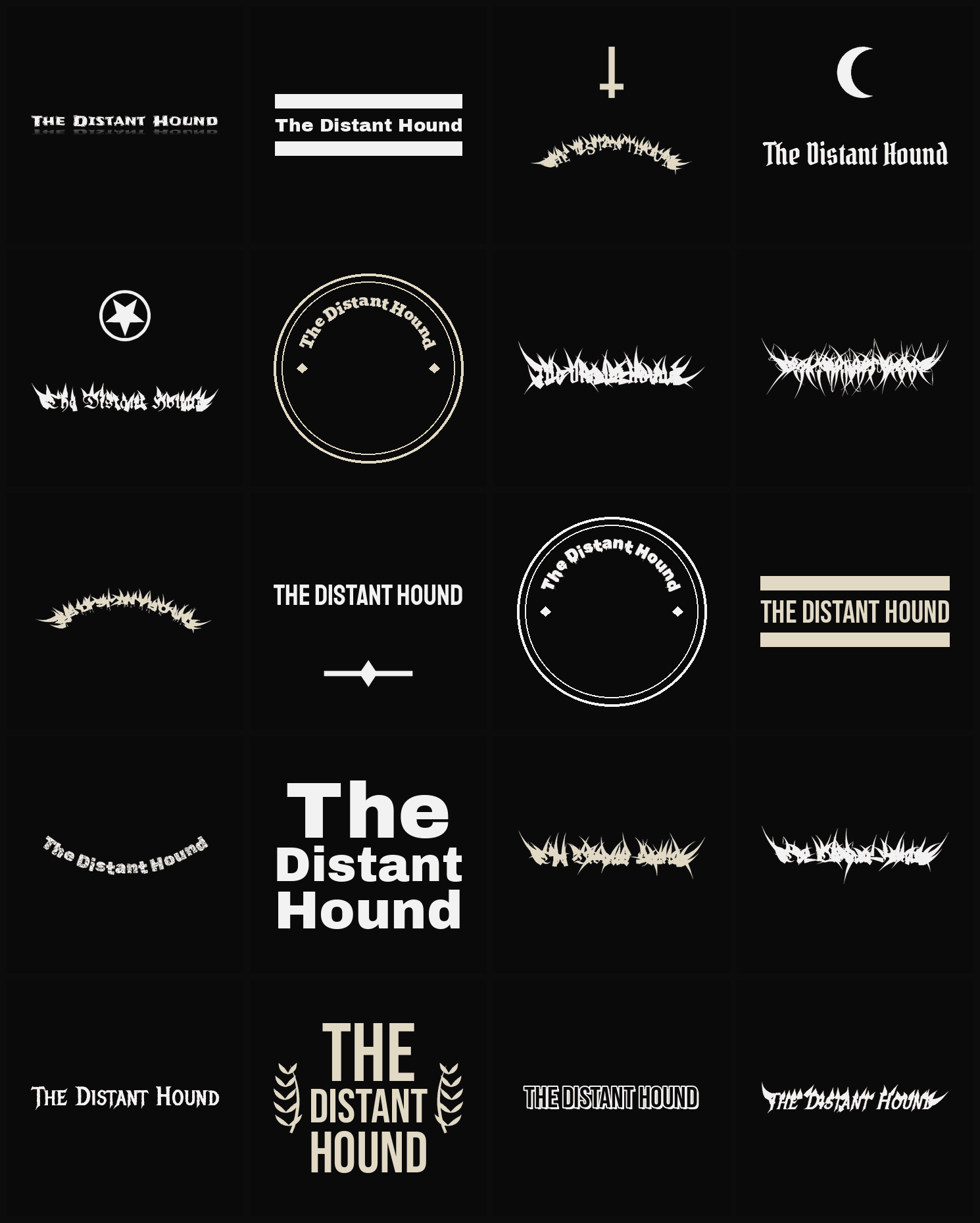 Twenty The Distant Hound band logo ideas — different faces, treatments and spike settings