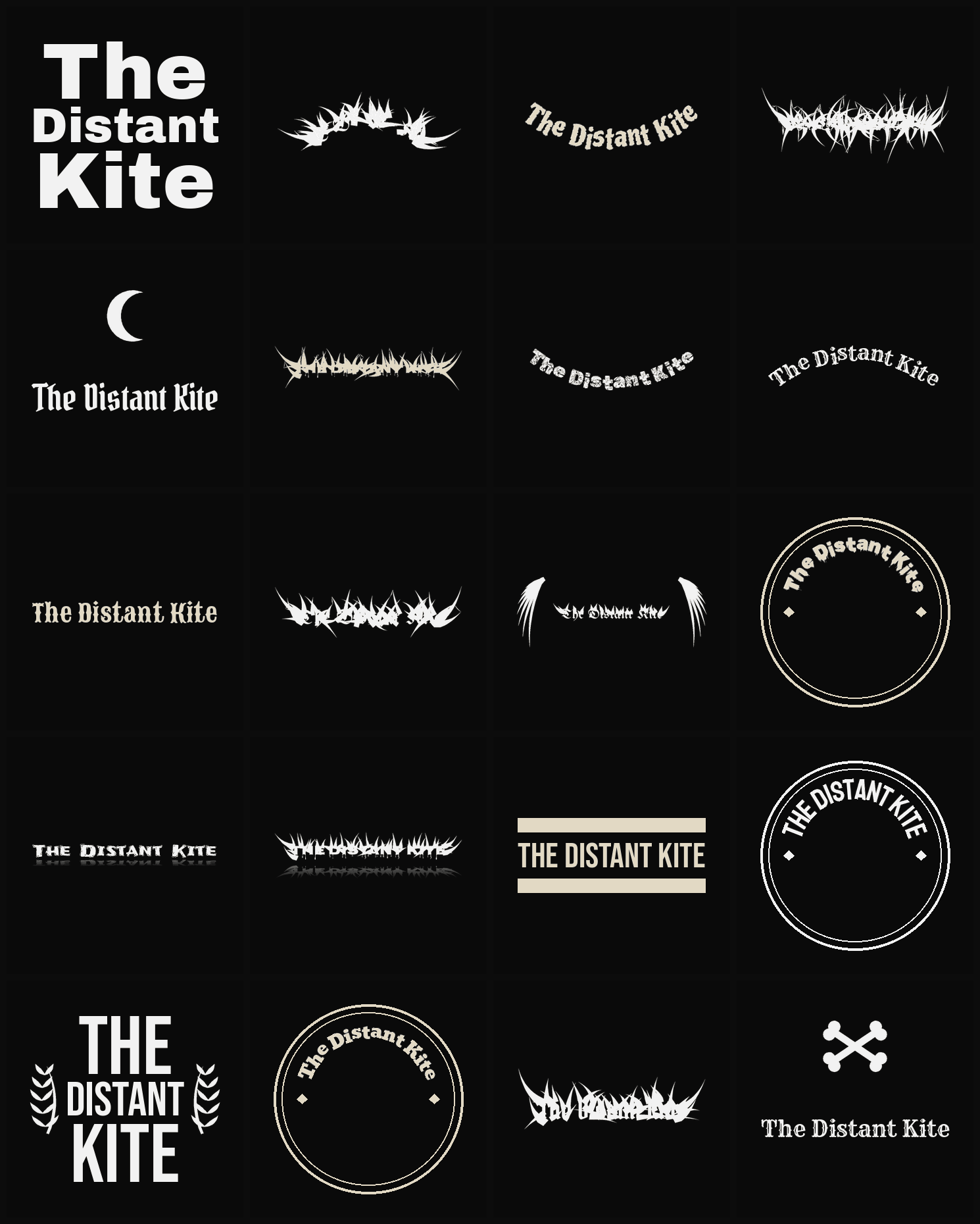 Twenty The Distant Kite band logo ideas — different faces, treatments and spike settings