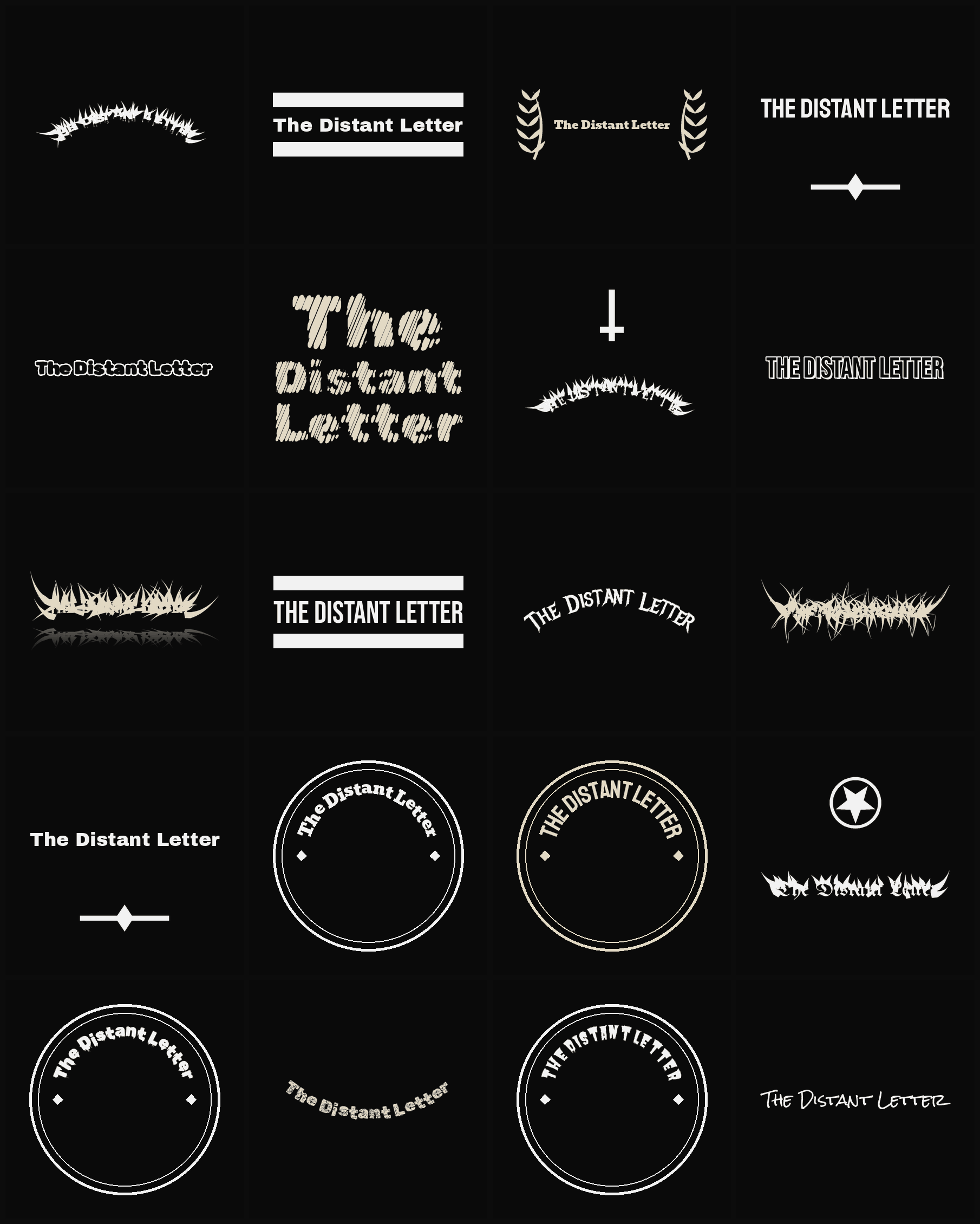 Twenty The Distant Letter band logo ideas — different faces, treatments and spike settings