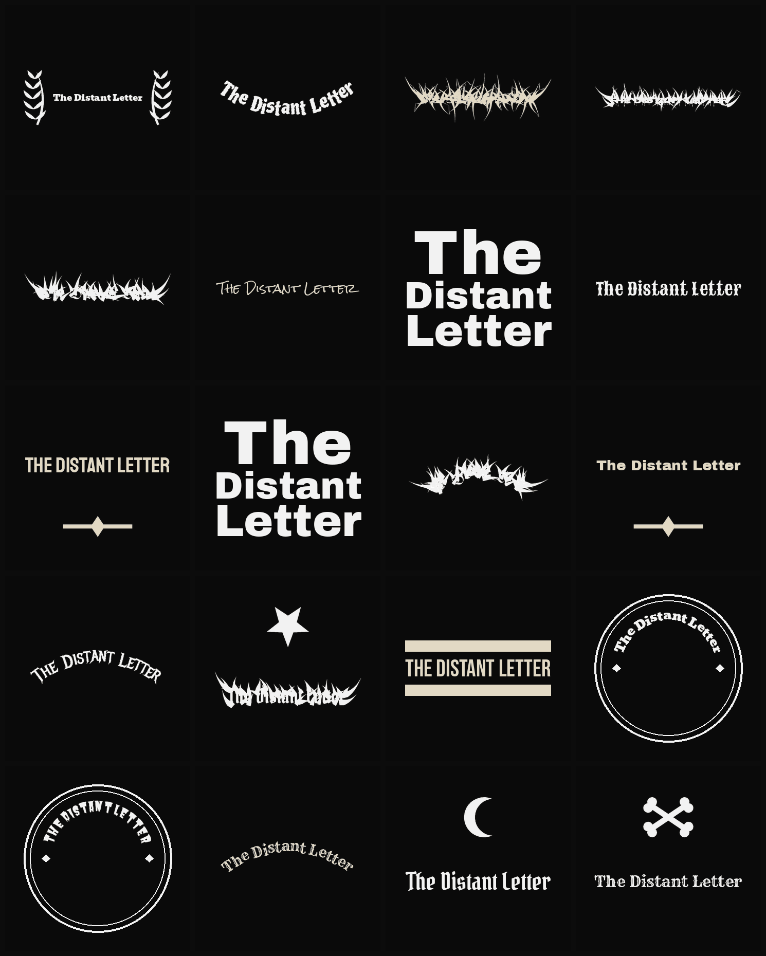 Twenty The Distant Letter band logo ideas — different faces, treatments and spike settings