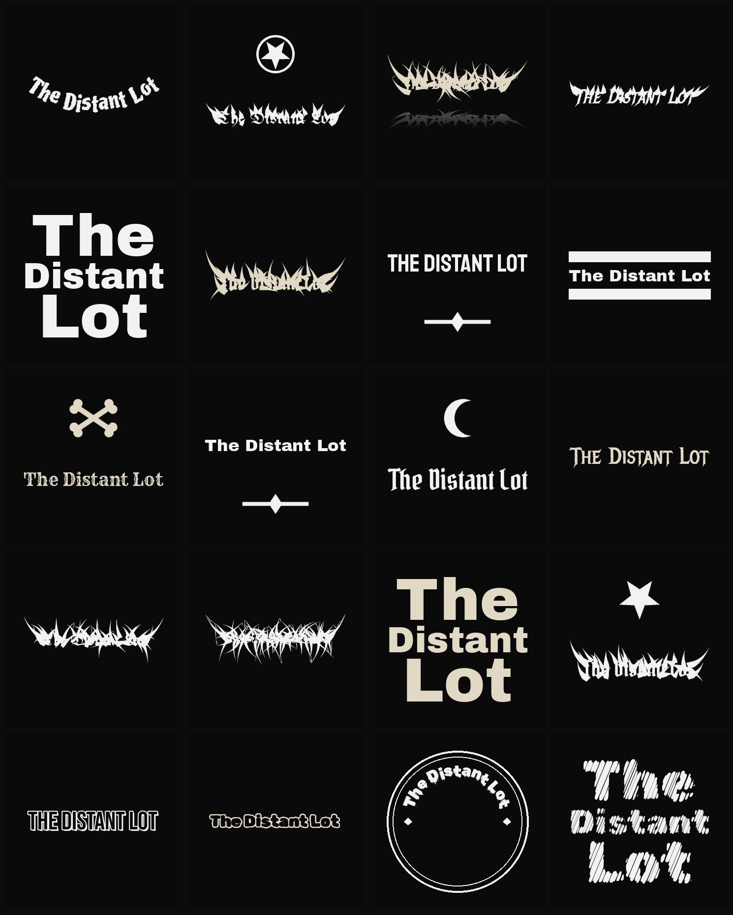 Twenty The Distant Lot band logo ideas — different faces, treatments and spike settings