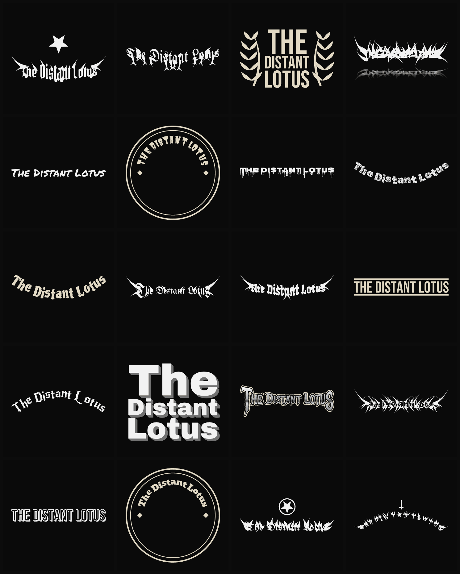 Twenty The Distant Lotus band logo ideas — different faces, treatments and spike settings
