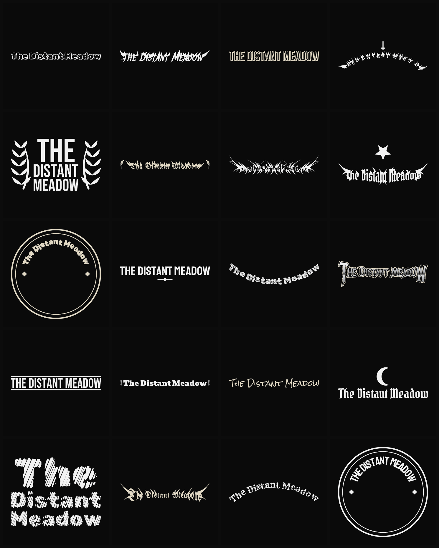 Twenty The Distant Meadow band logo ideas — different faces, treatments and spike settings
