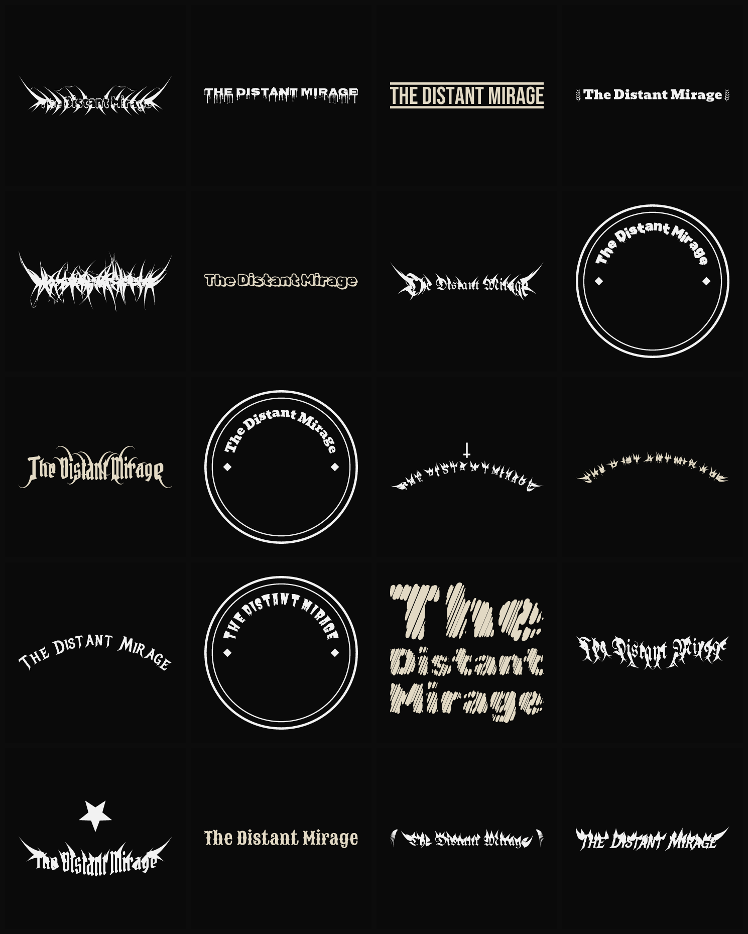 Twenty The Distant Mirage band logo ideas — different faces, treatments and spike settings