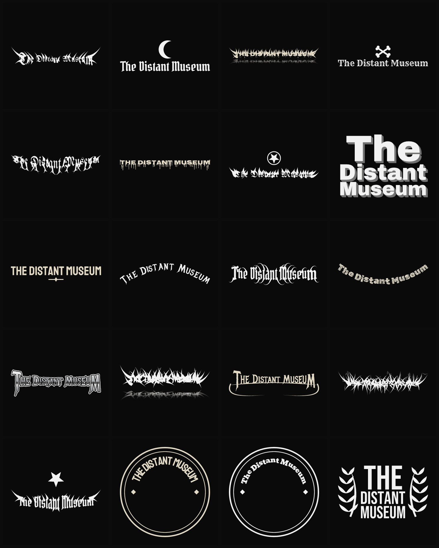 Twenty The Distant Museum band logo ideas — different faces, treatments and spike settings