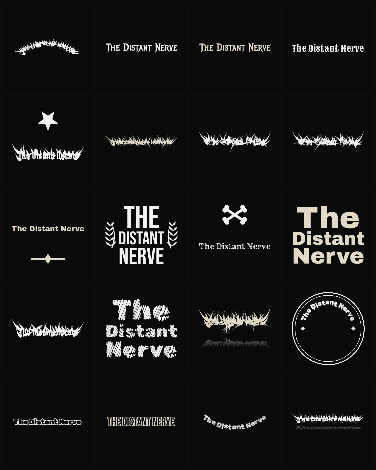 Twenty The Distant Nerve band logo ideas — different faces, treatments and spike settings