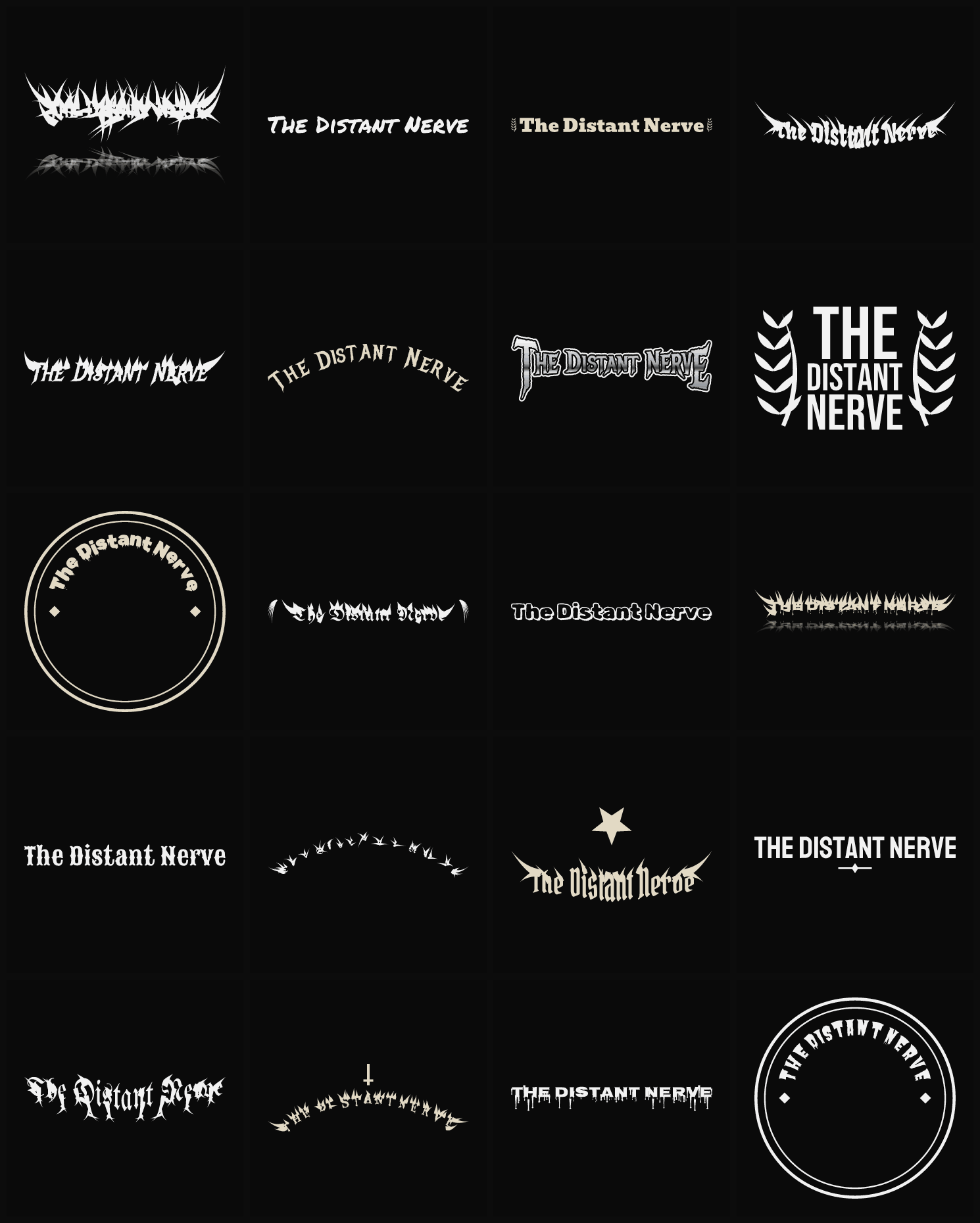 Twenty The Distant Nerve band logo ideas — different faces, treatments and spike settings
