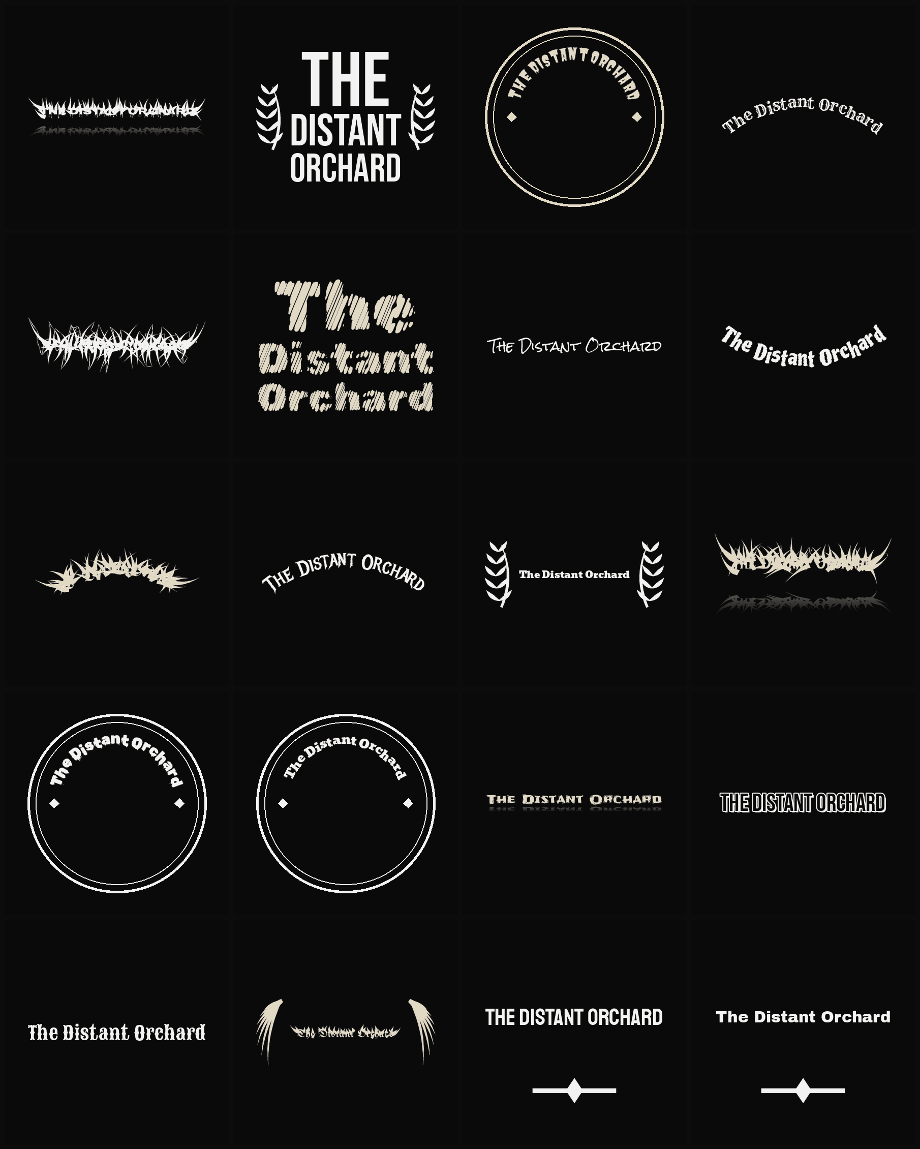 Twenty The Distant Orchard band logo ideas — different faces, treatments and spike settings