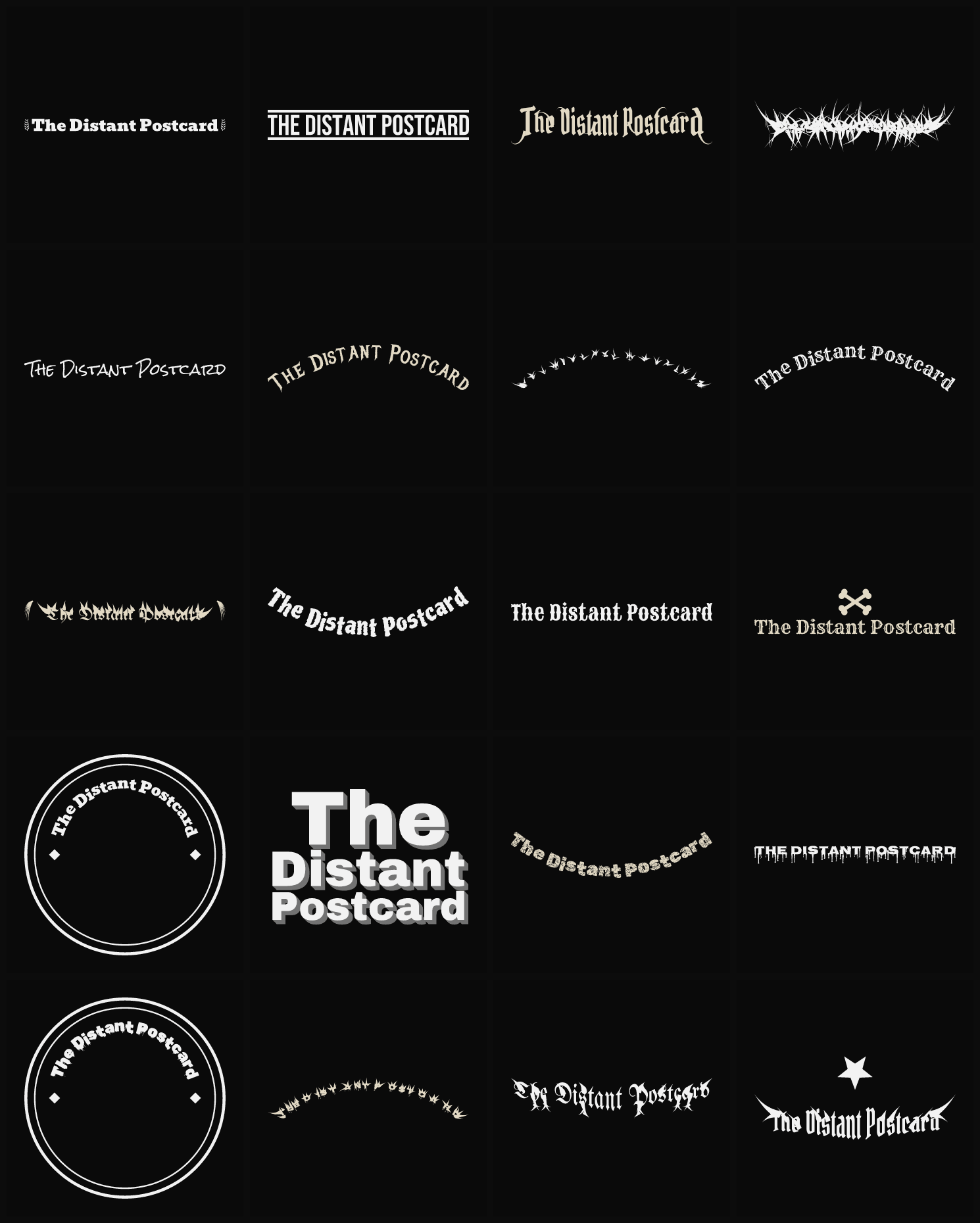Twenty The Distant Postcard band logo ideas — different faces, treatments and spike settings