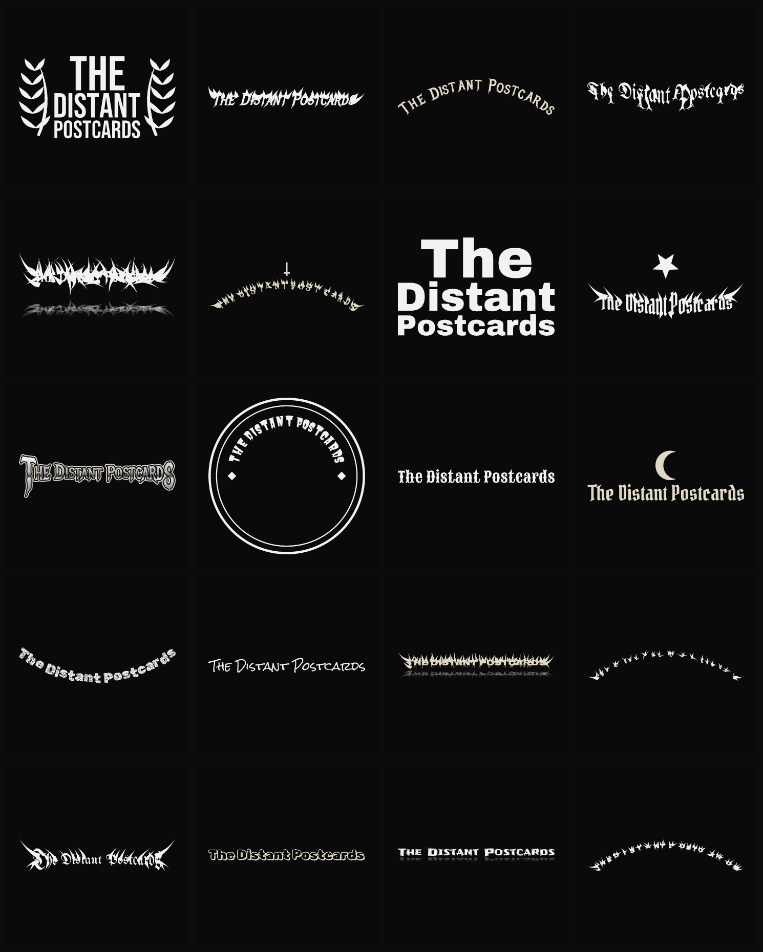 Twenty The Distant Postcards band logo ideas — different faces, treatments and spike settings