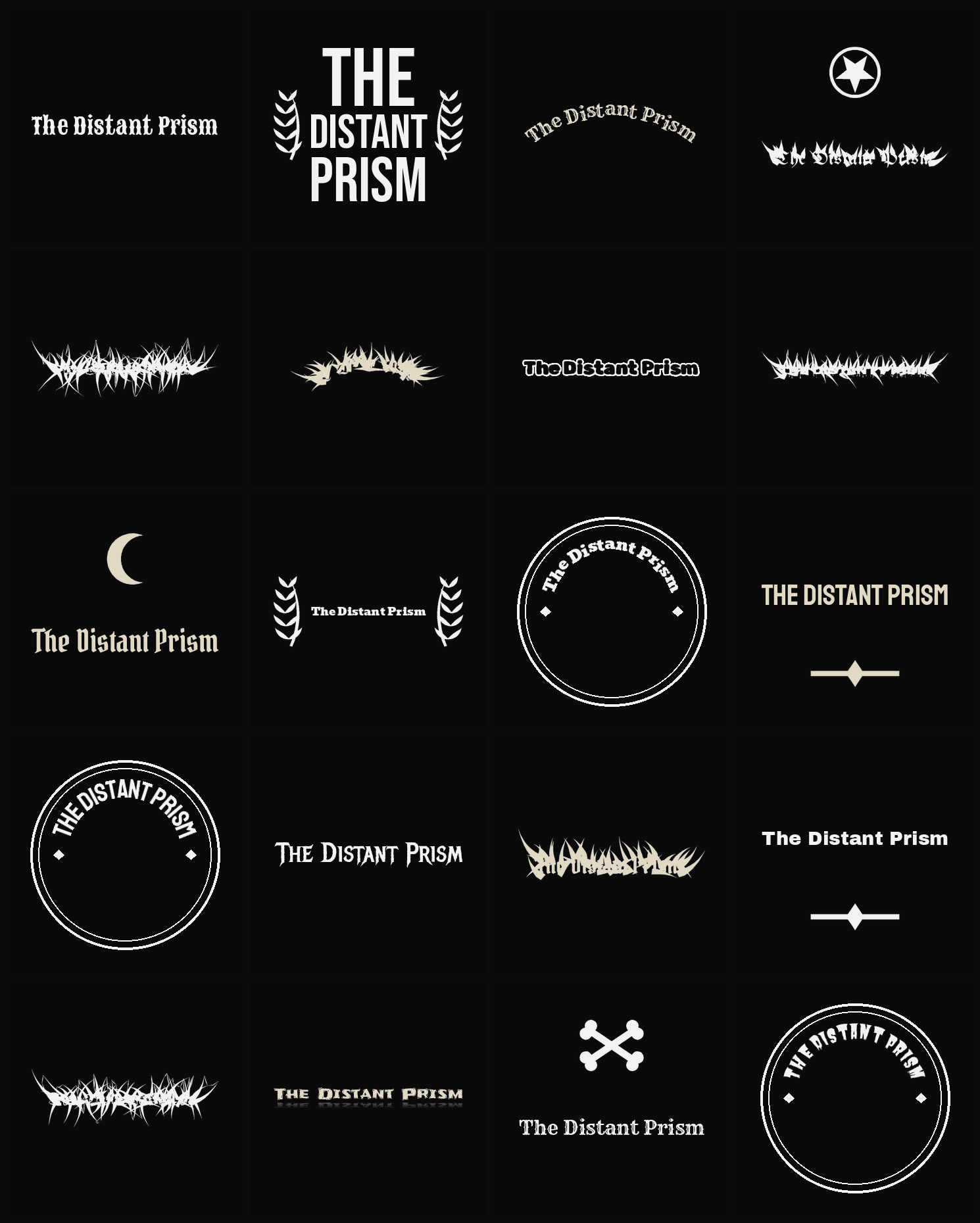 Twenty The Distant Prism band logo ideas — different faces, treatments and spike settings