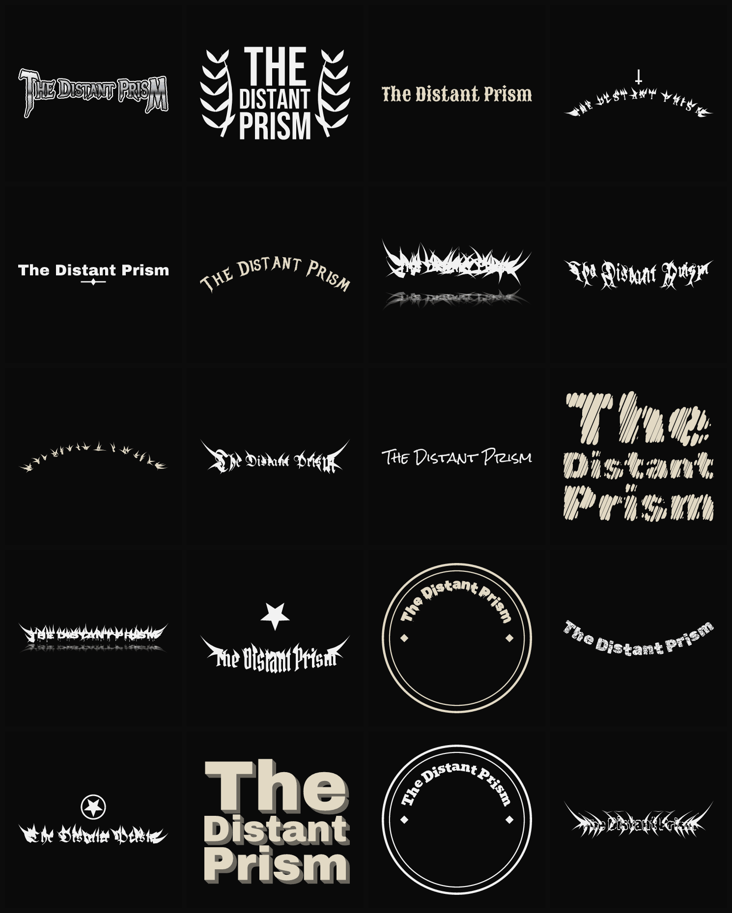 Twenty The Distant Prism band logo ideas — different faces, treatments and spike settings