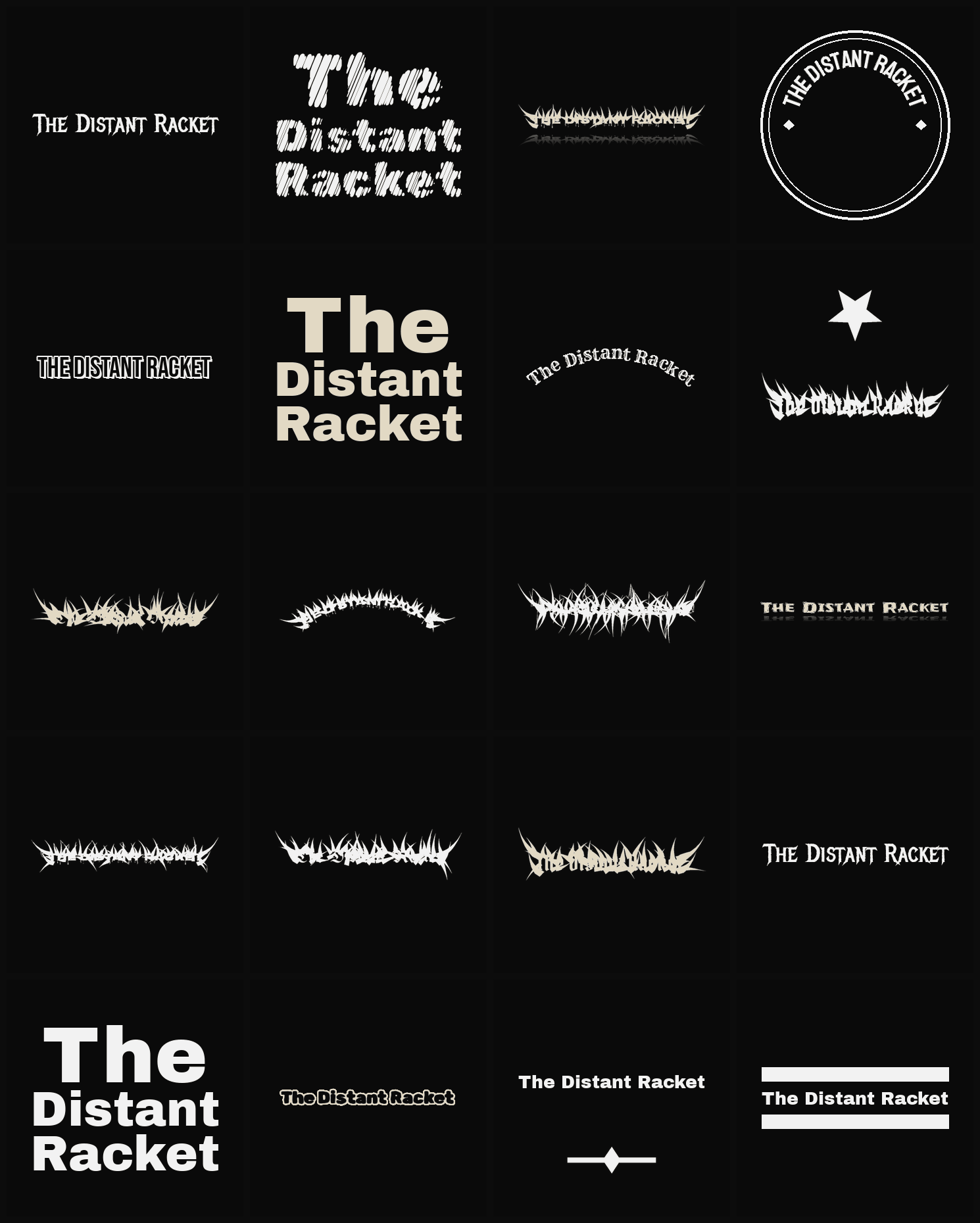 Twenty The Distant Racket band logo ideas — different faces, treatments and spike settings
