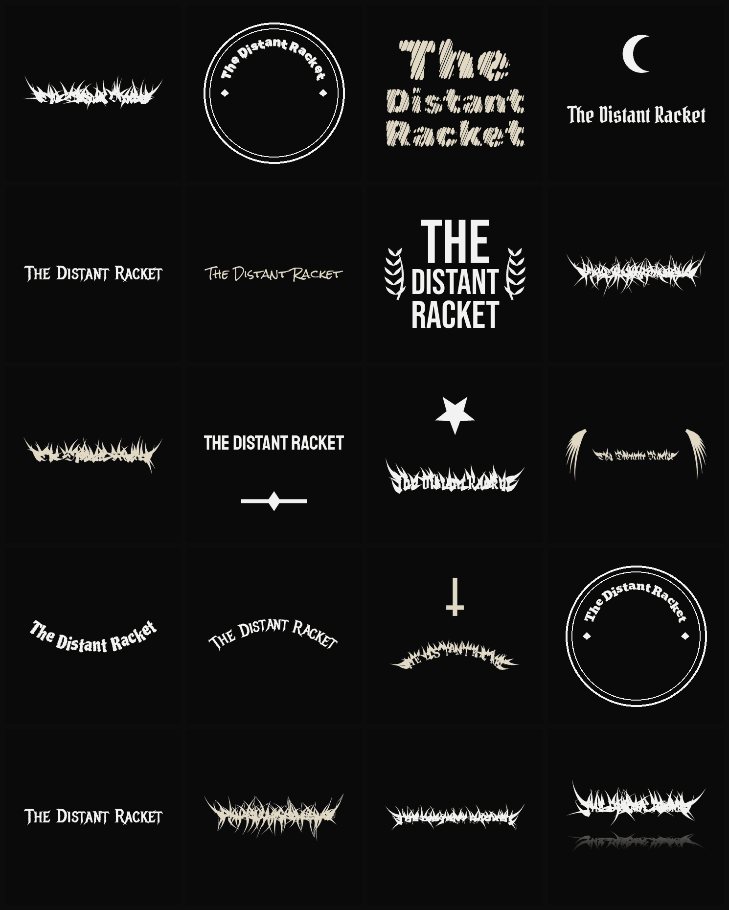 Twenty The Distant Racket band logo ideas — different faces, treatments and spike settings