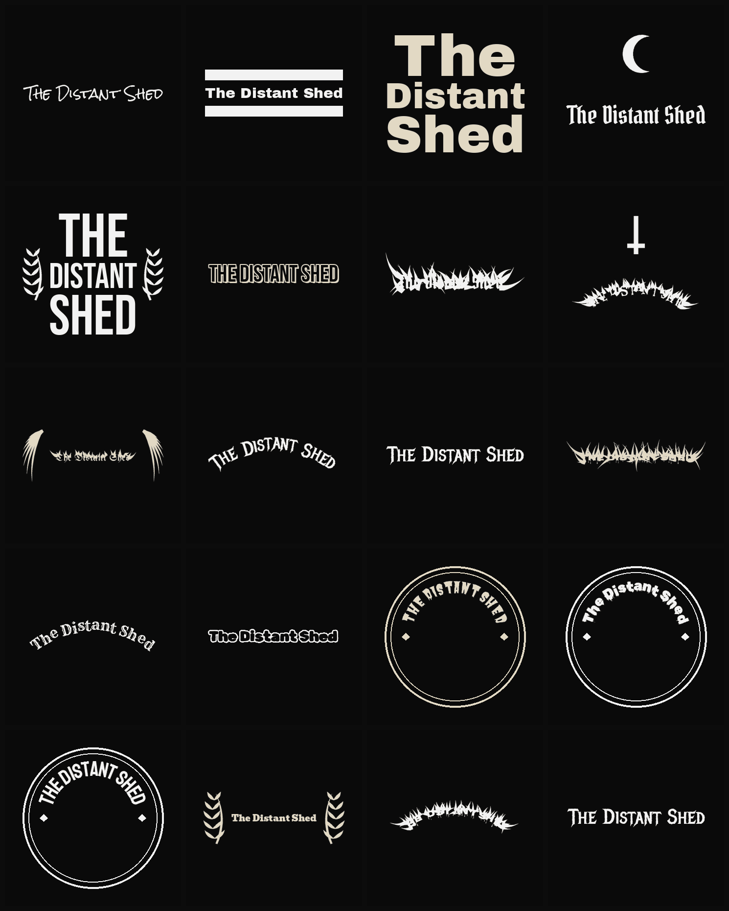 Twenty The Distant Shed band logo ideas — different faces, treatments and spike settings