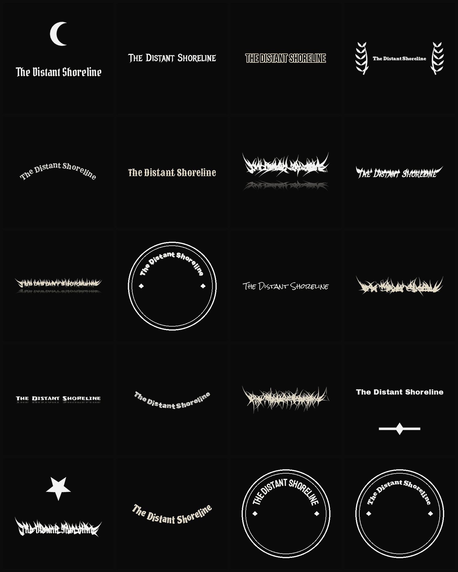 Twenty The Distant Shoreline band logo ideas — different faces, treatments and spike settings