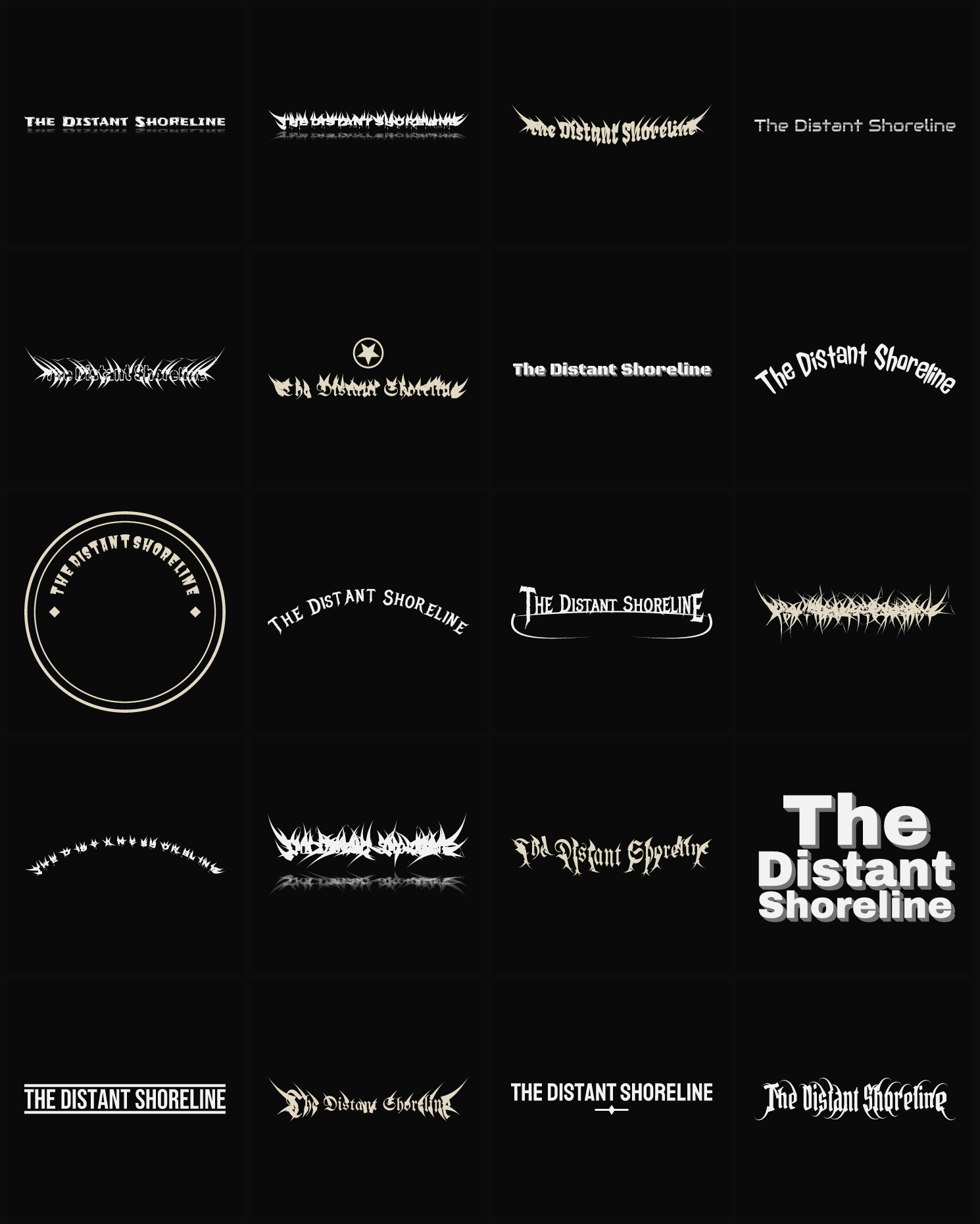 Twenty The Distant Shoreline band logo ideas — different faces, treatments and spike settings