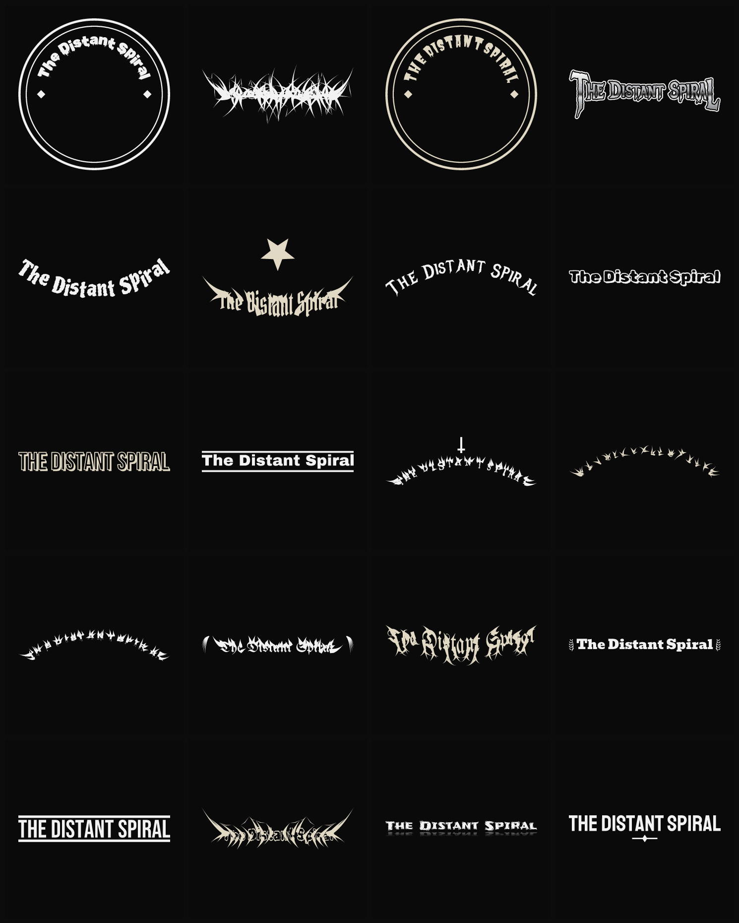 Twenty The Distant Spiral band logo ideas — different faces, treatments and spike settings