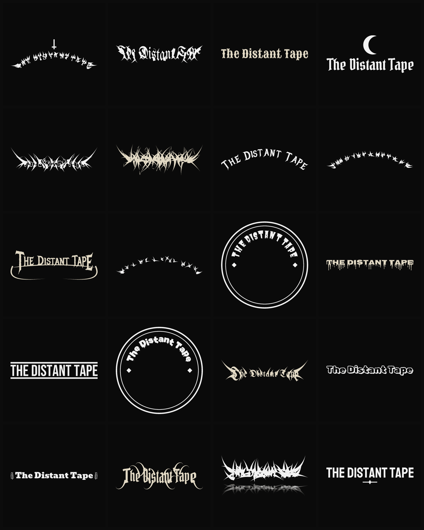 Twenty The Distant Tape band logo ideas — different faces, treatments and spike settings