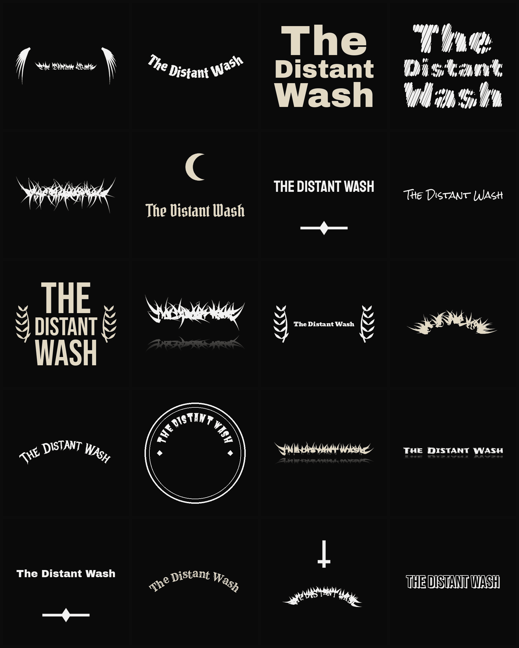 Twenty The Distant Wash band logo ideas — different faces, treatments and spike settings
