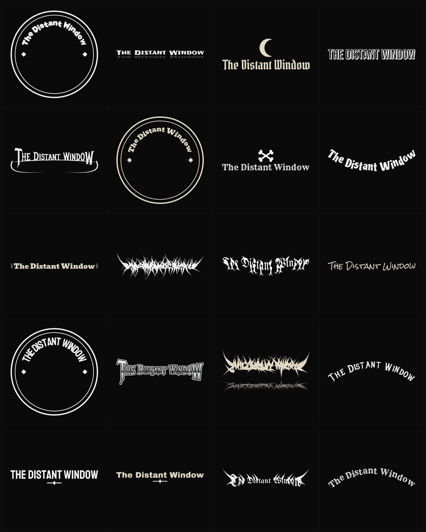 Twenty The Distant Window band logo ideas — different faces, treatments and spike settings
