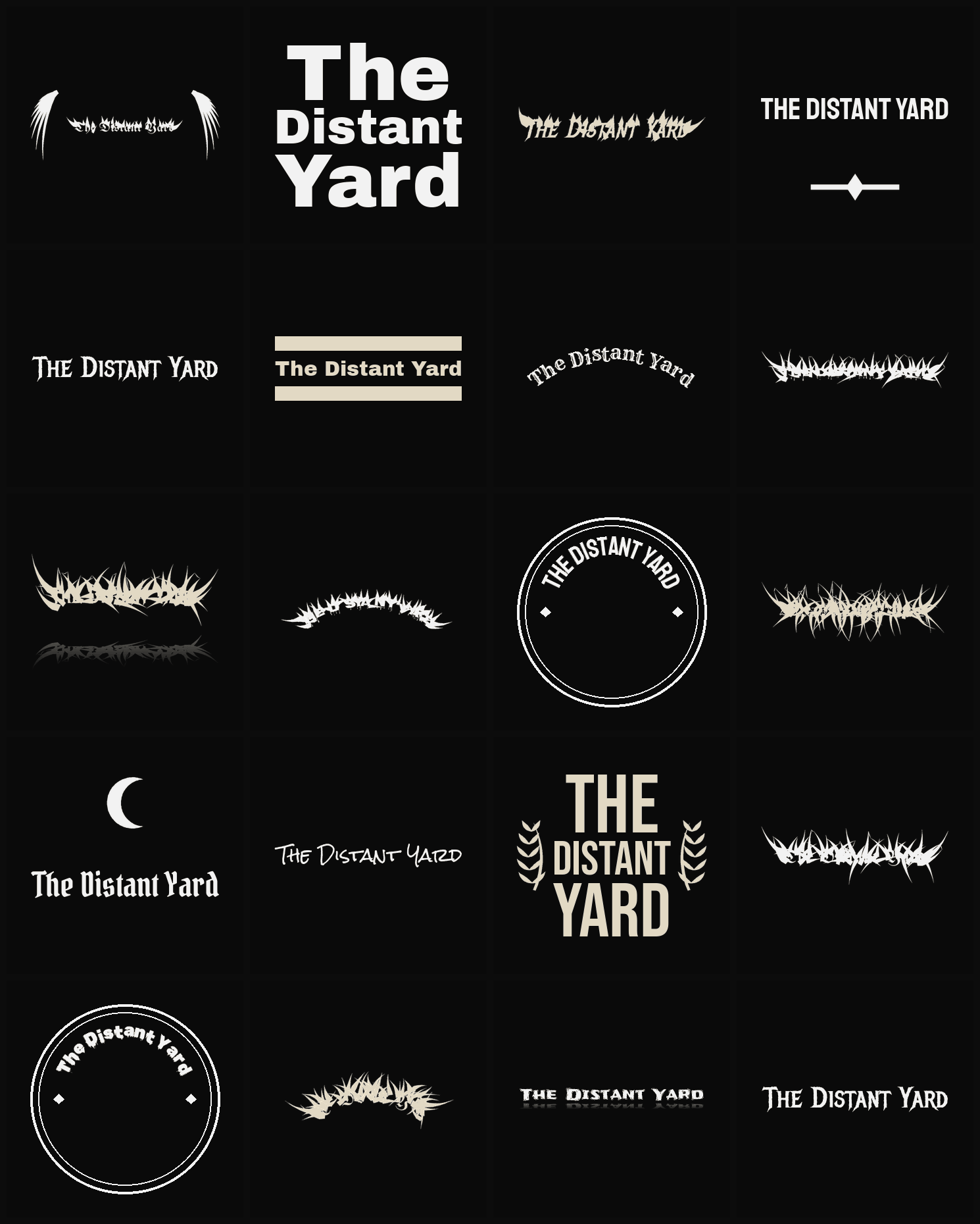 Twenty The Distant Yard band logo ideas — different faces, treatments and spike settings
