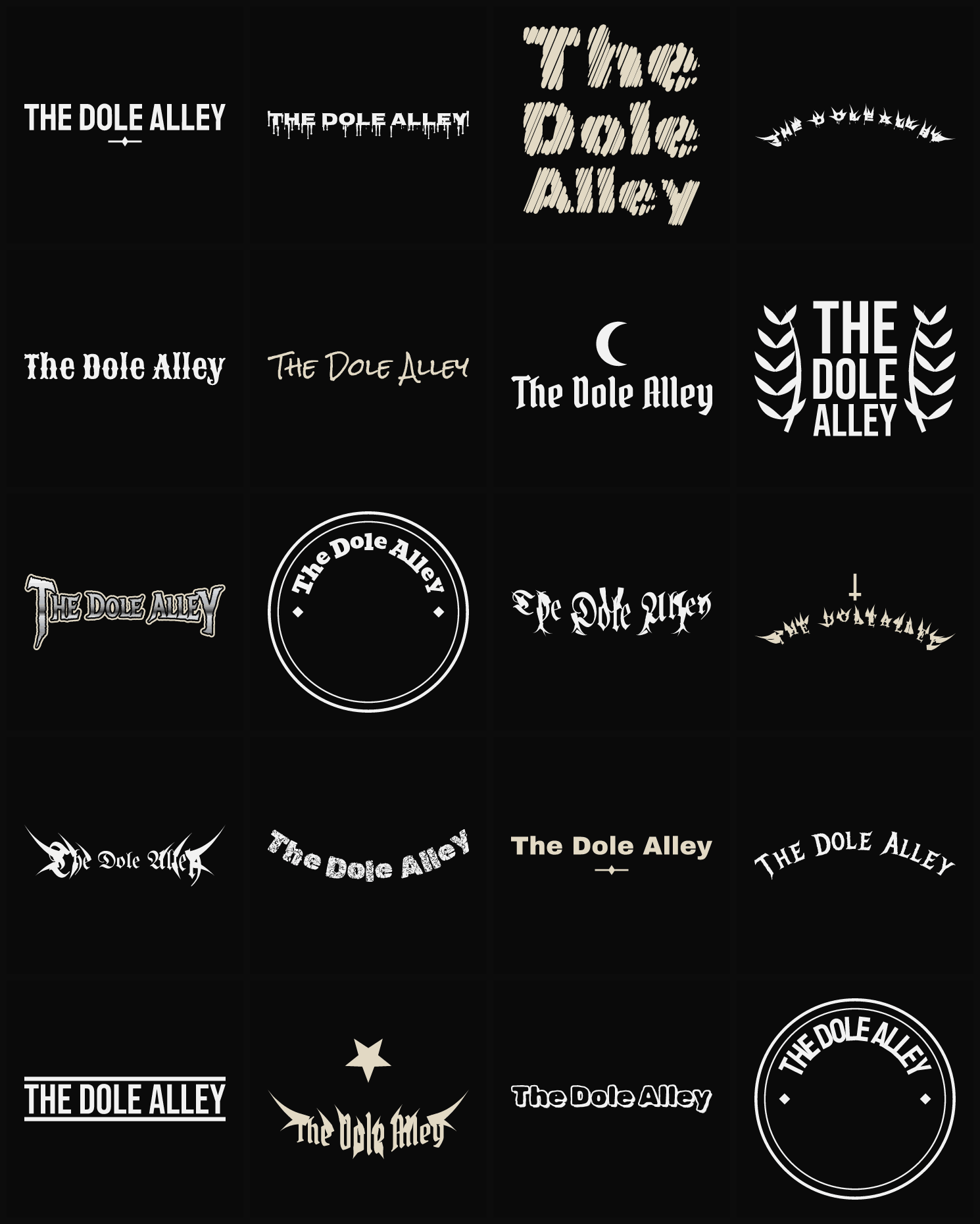 Twenty The Dole Alley band logo ideas — different faces, treatments and spike settings