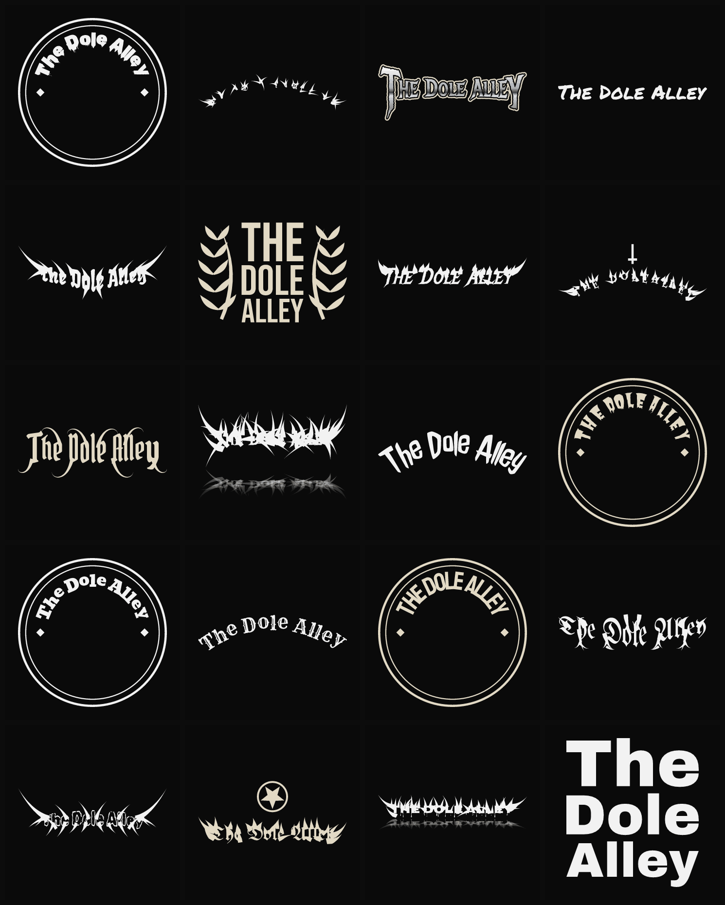 Twenty The Dole Alley band logo ideas — different faces, treatments and spike settings
