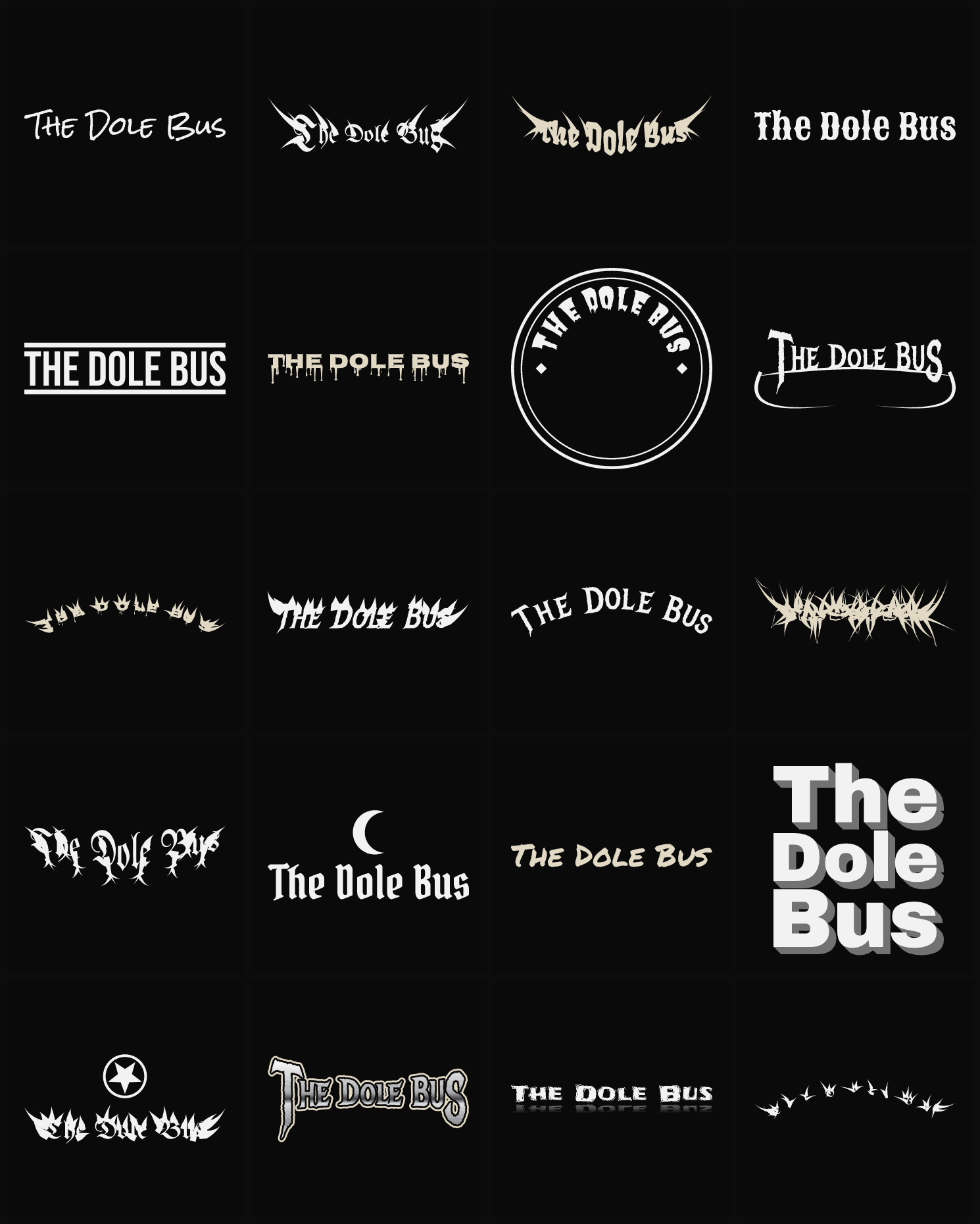 Twenty The Dole Bus band logo ideas — different faces, treatments and spike settings