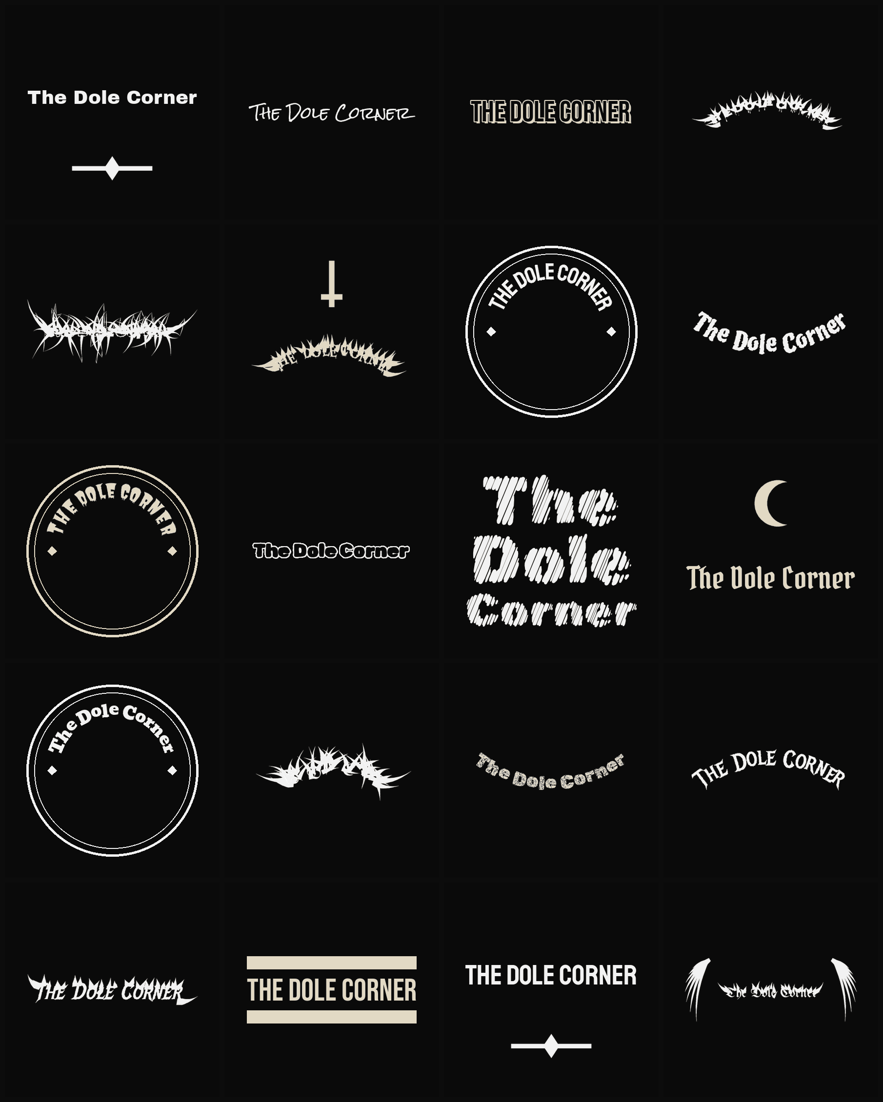 Twenty The Dole Corner band logo ideas — different faces, treatments and spike settings