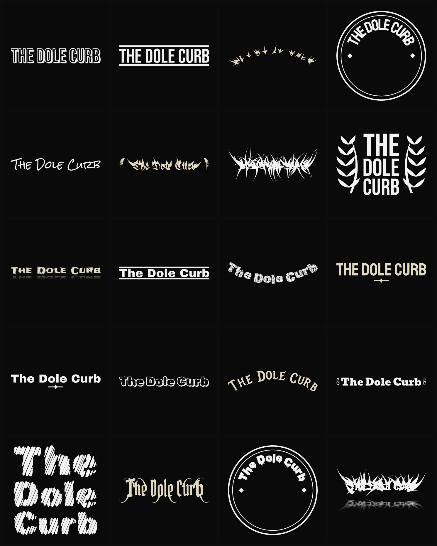 Twenty The Dole Curb band logo ideas — different faces, treatments and spike settings