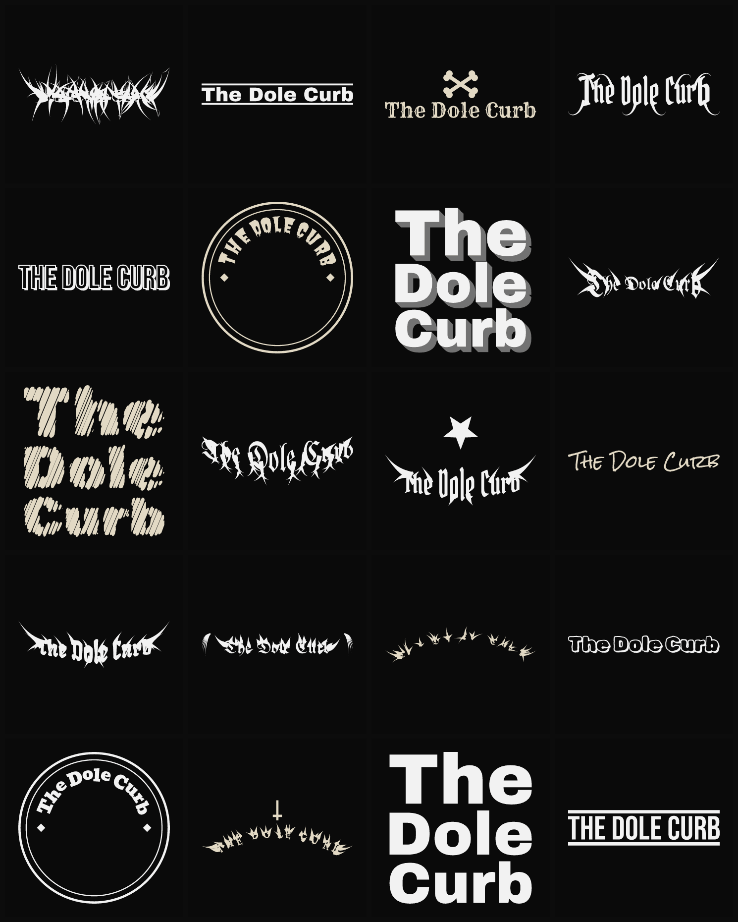 Twenty The Dole Curb band logo ideas — different faces, treatments and spike settings