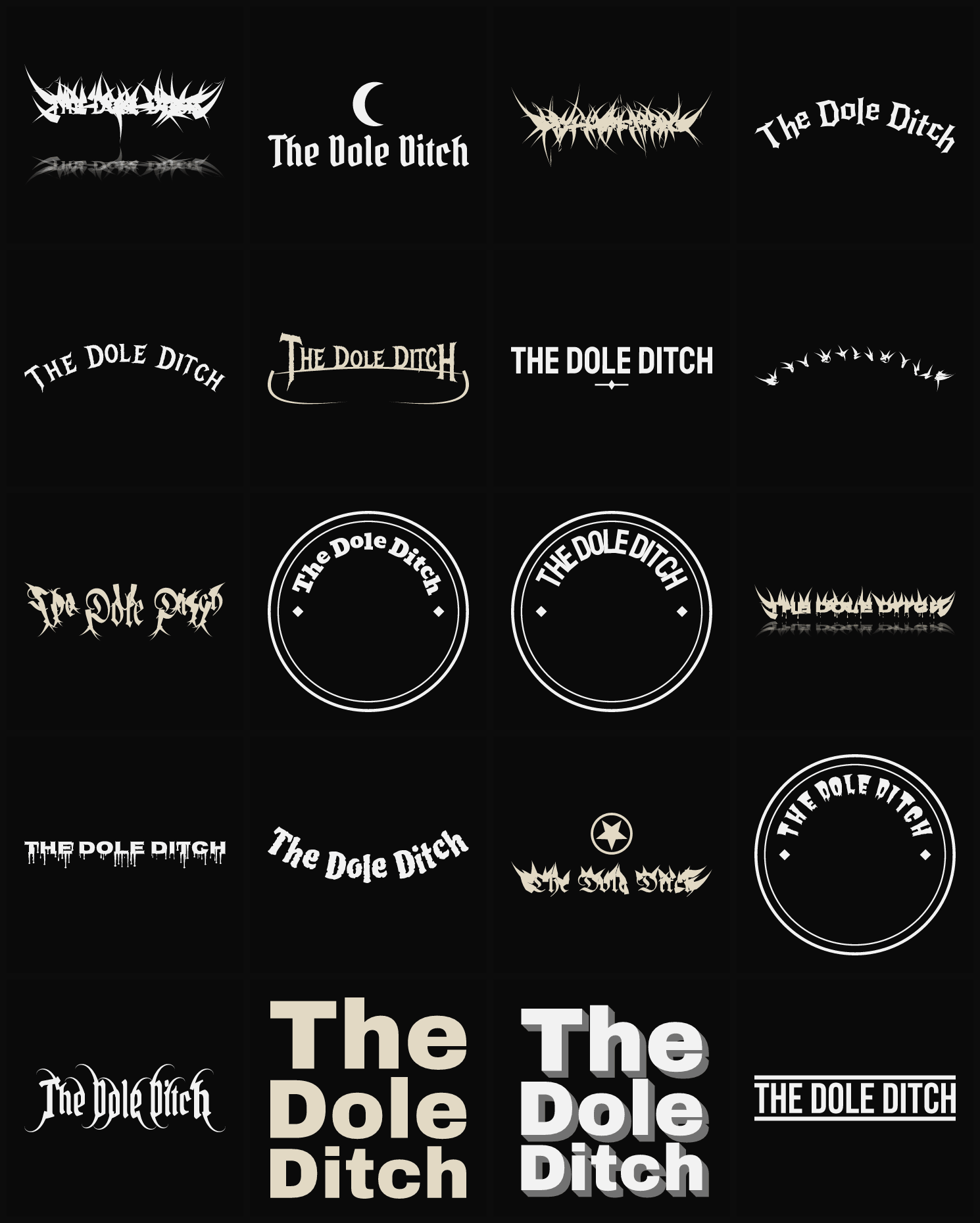 Twenty The Dole Ditch band logo ideas — different faces, treatments and spike settings