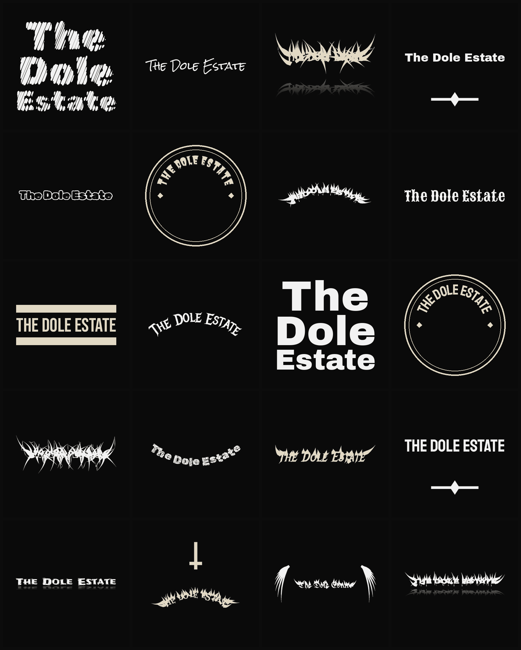 Twenty The Dole Estate band logo ideas — different faces, treatments and spike settings
